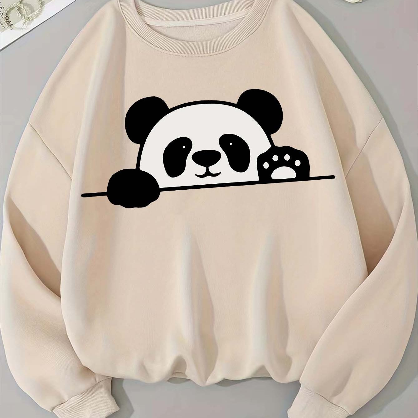 A Casual Sports Sweatshirt With A Simple Panda Print For Women With Long Sleeves And A Round Neck.