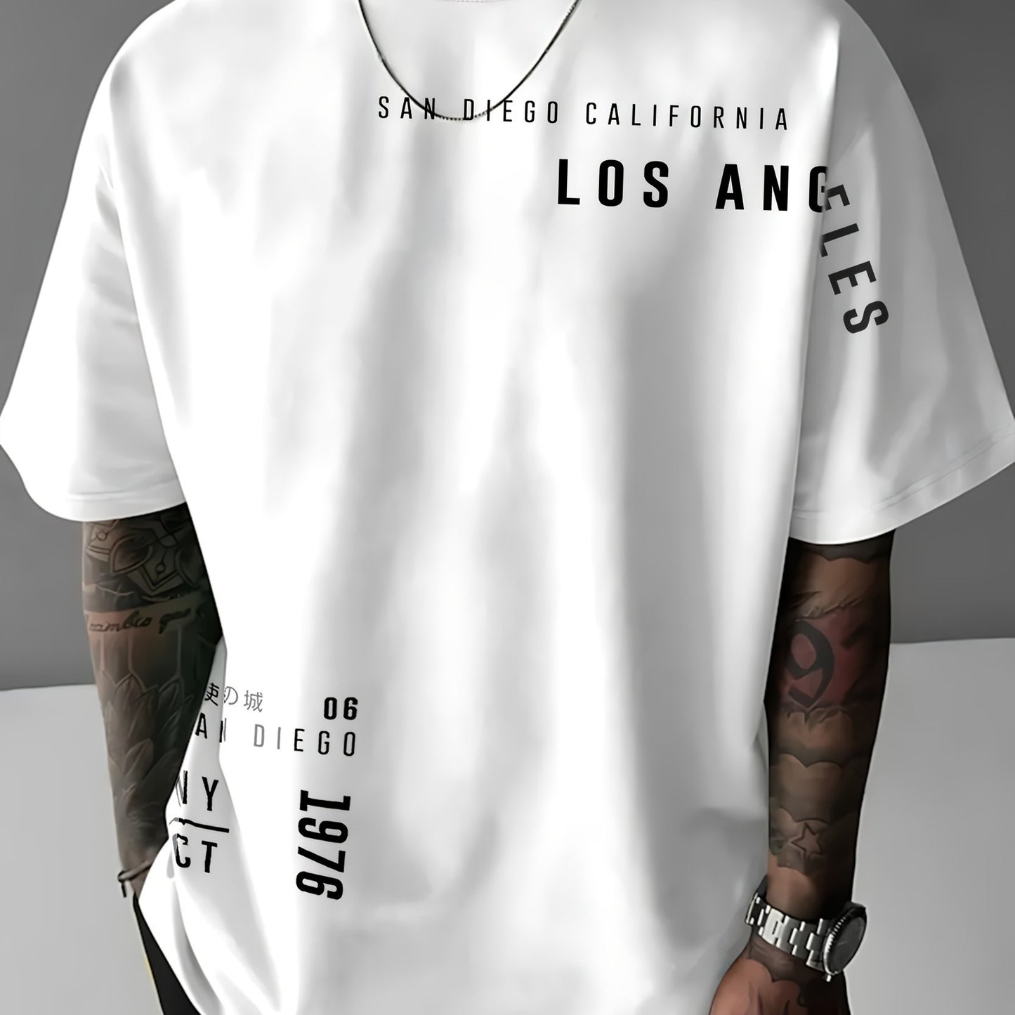 Men'S Fashion Graphic T-Shirt, Polyester Knit Fabric, Street Style, Loose Fit, with "LOS ANGELES" Print, for Summer Casual Short-Sleeve Crew Neck Tee with Slight Stretch