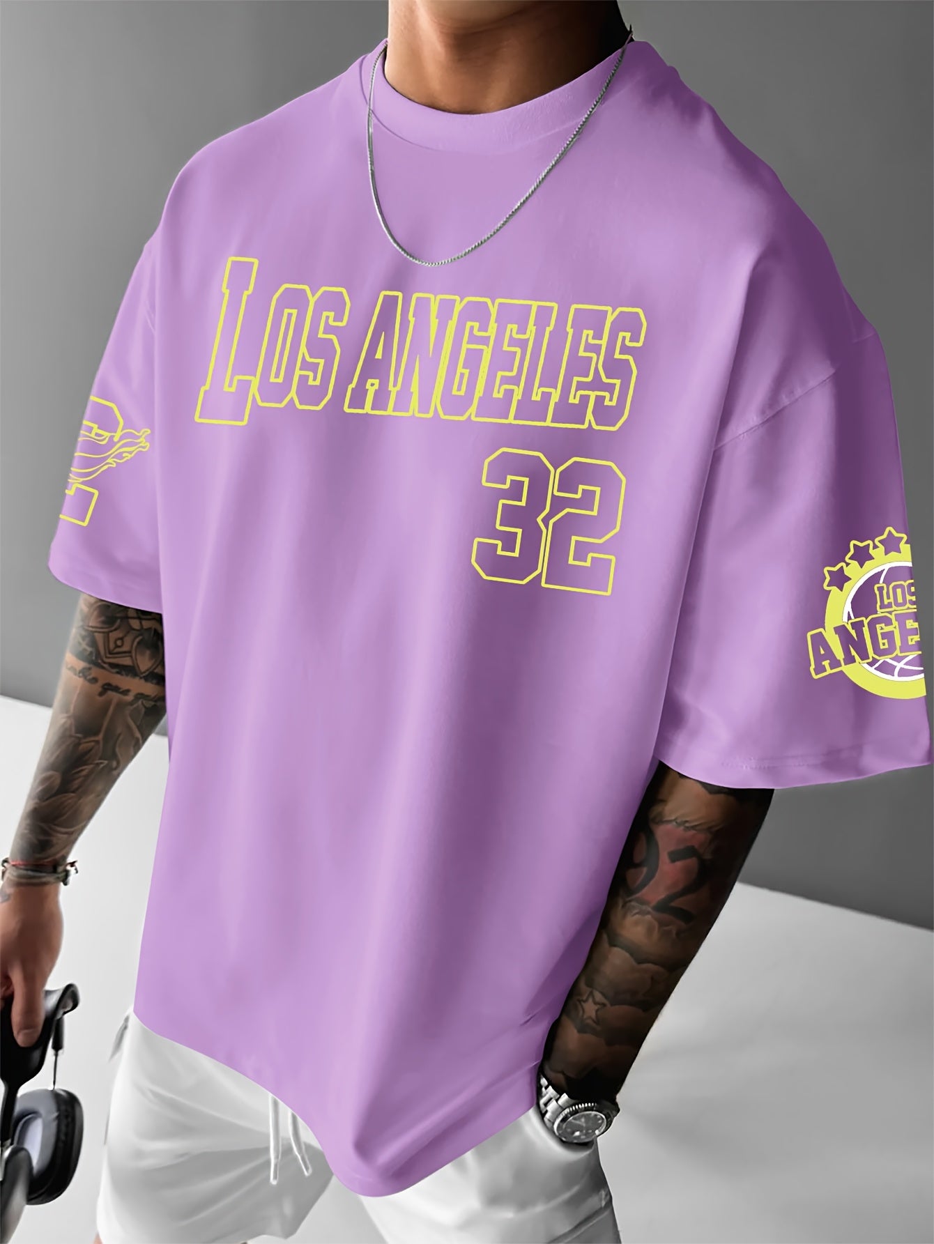 Men'S Fashion Los Angeles Print Casual Loose Crew Neck T-Shirt, 100% Polyester Knit Fabric, Slight Stretch, for Summer Wear