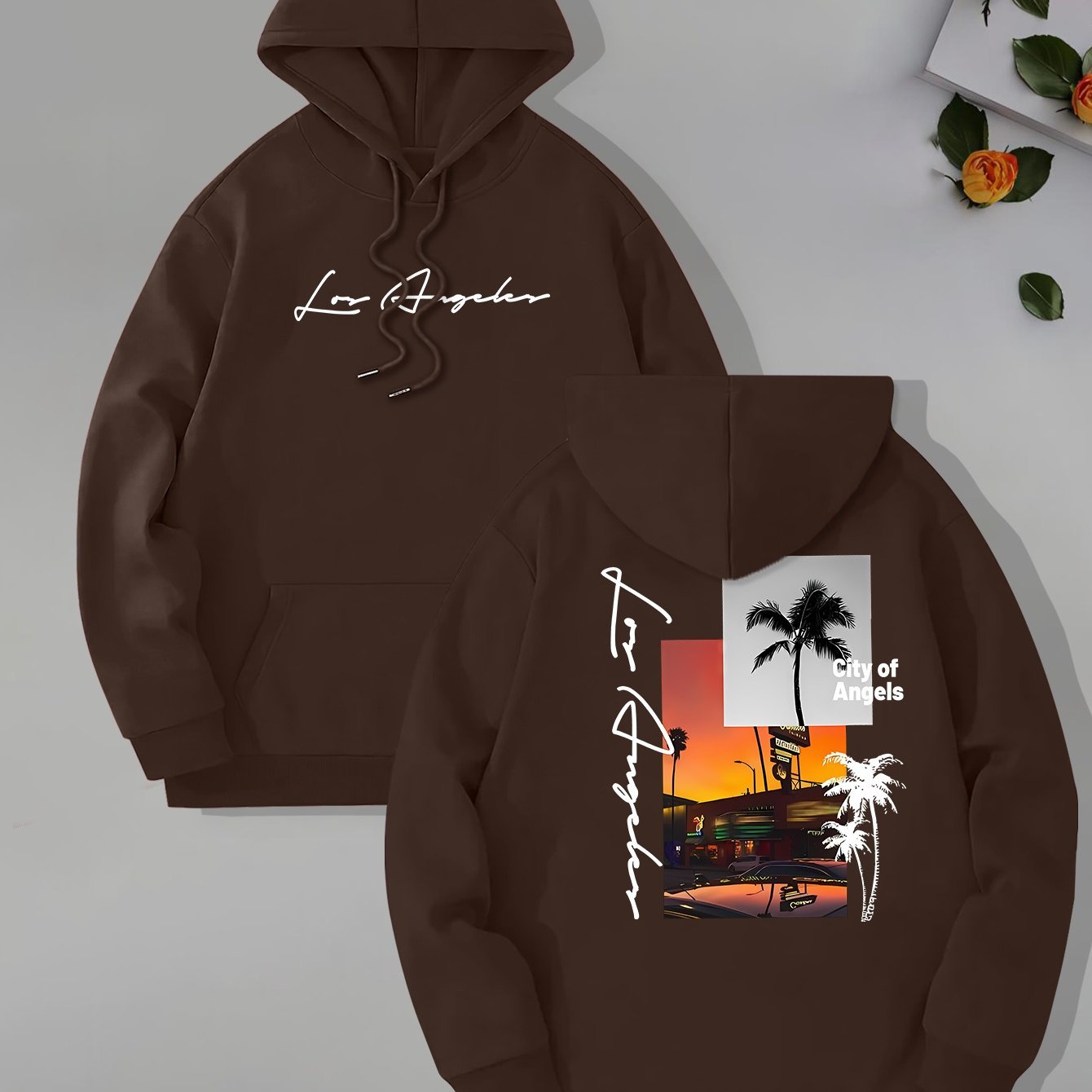 Beach Los Angeles Print Men's Pullover Hoodie, Kangaroo Pocket Long Sleeve Hooded Sweatshirt, Loose Casual Tops, Men's Clothes For Fall Winter