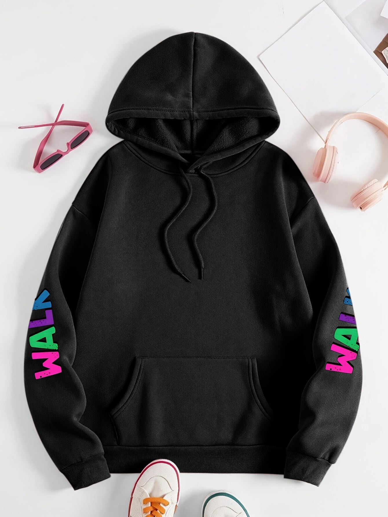 Plus Size Women's Hoodie with Colorful Walk Shoes Print - Casual Long Sleeve Pullover with Pocket, Cozy Polyester Hooded Sweatshirt for Fall & Winter, Fall Fashion Hoodie|Vibrant Shoe Design|Machine Washable Top