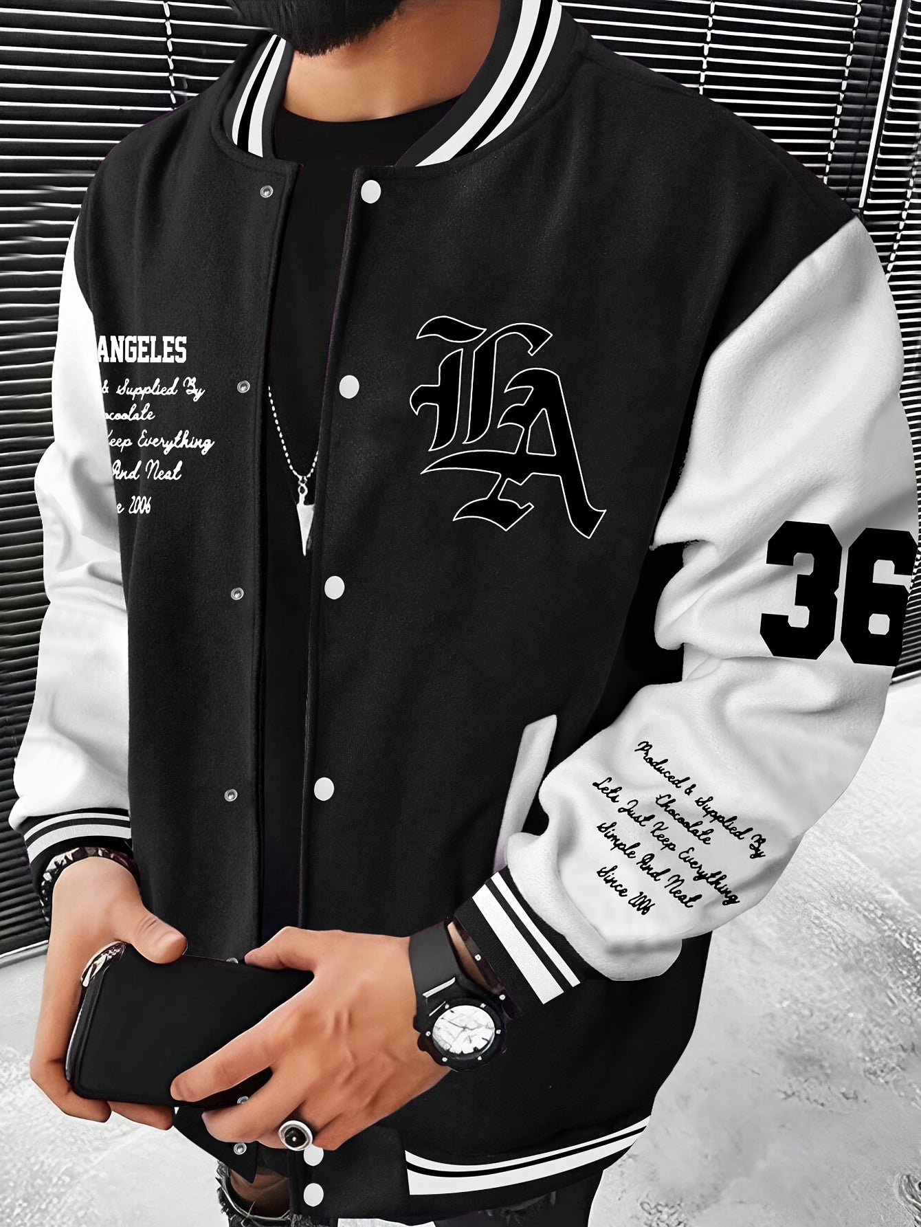 Men'S Casual LA Geometric-Pattern Baseball Jacket, 100% Polyester Knit Fabric, Regular Fit, with Slight Stretch, Button Closure and Polyester Lining, for All-Season Outerwear