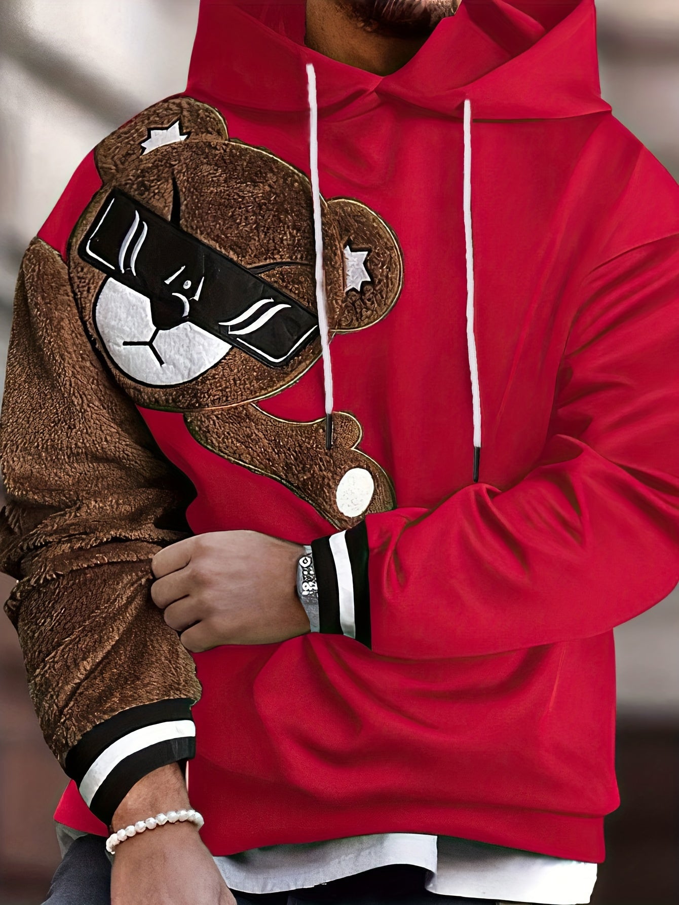 Men's Color Block Bruin Graphic Print Hoodie, Casual Long Sleeve Hooded Sweatshirt For Fall Winter Outdoor
