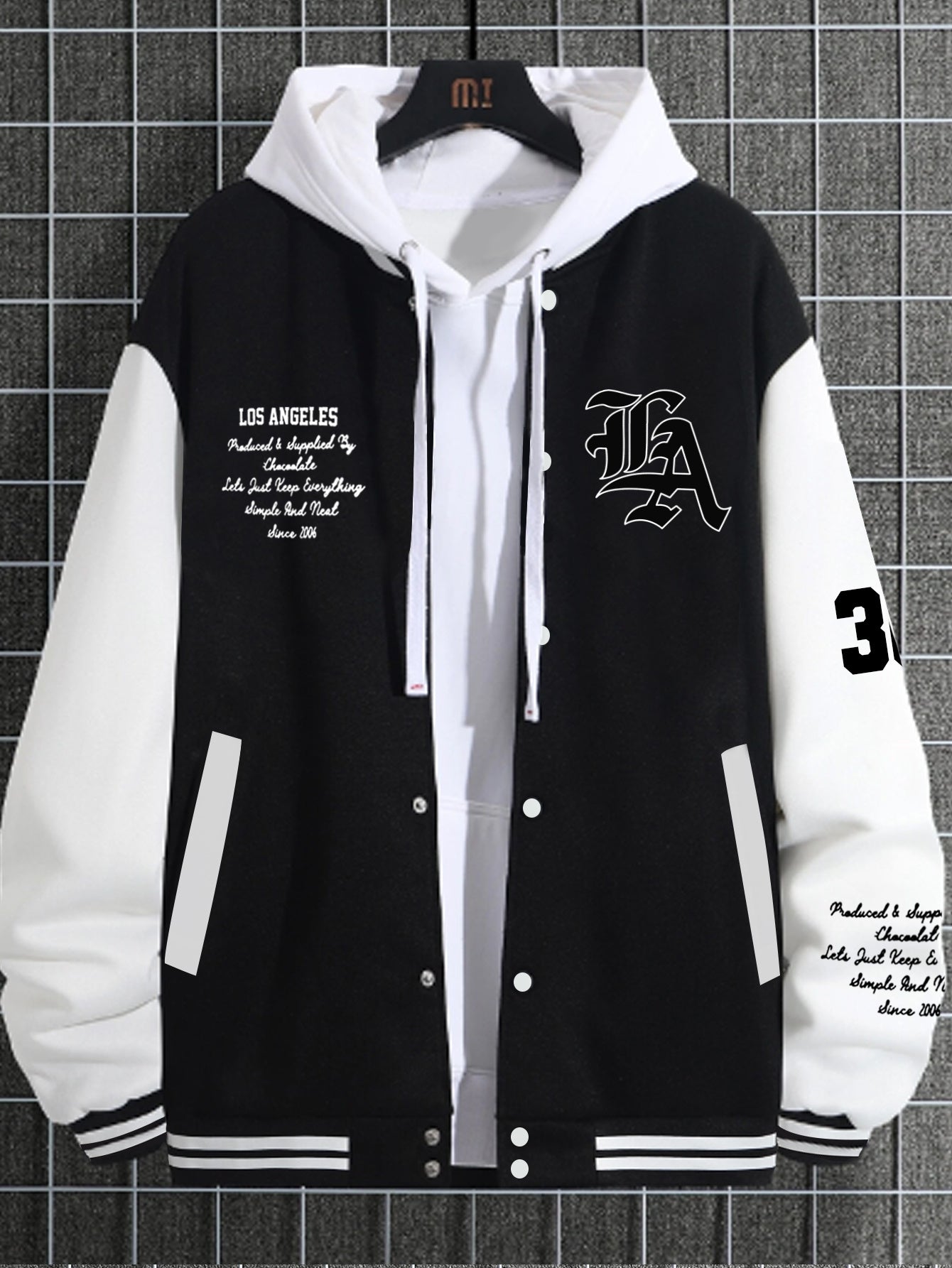 Men'S Casual LA Geometric-Pattern Baseball Jacket, 100% Polyester Knit Fabric, Regular Fit, with Slight Stretch, Button Closure and Polyester Lining, for All-Season Outerwear