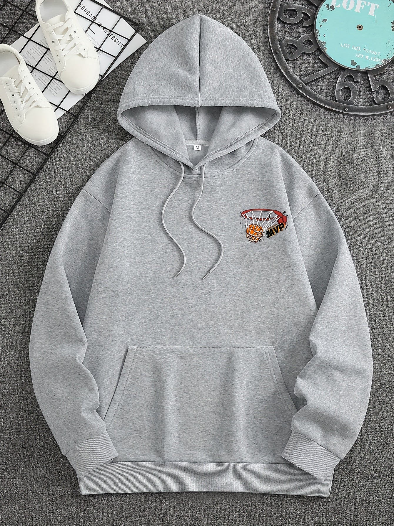 Men's Basketball Print Fleece-Lined Hoodie - Casual & Trendy, Loose Fit with Pockets for Fall/Winter