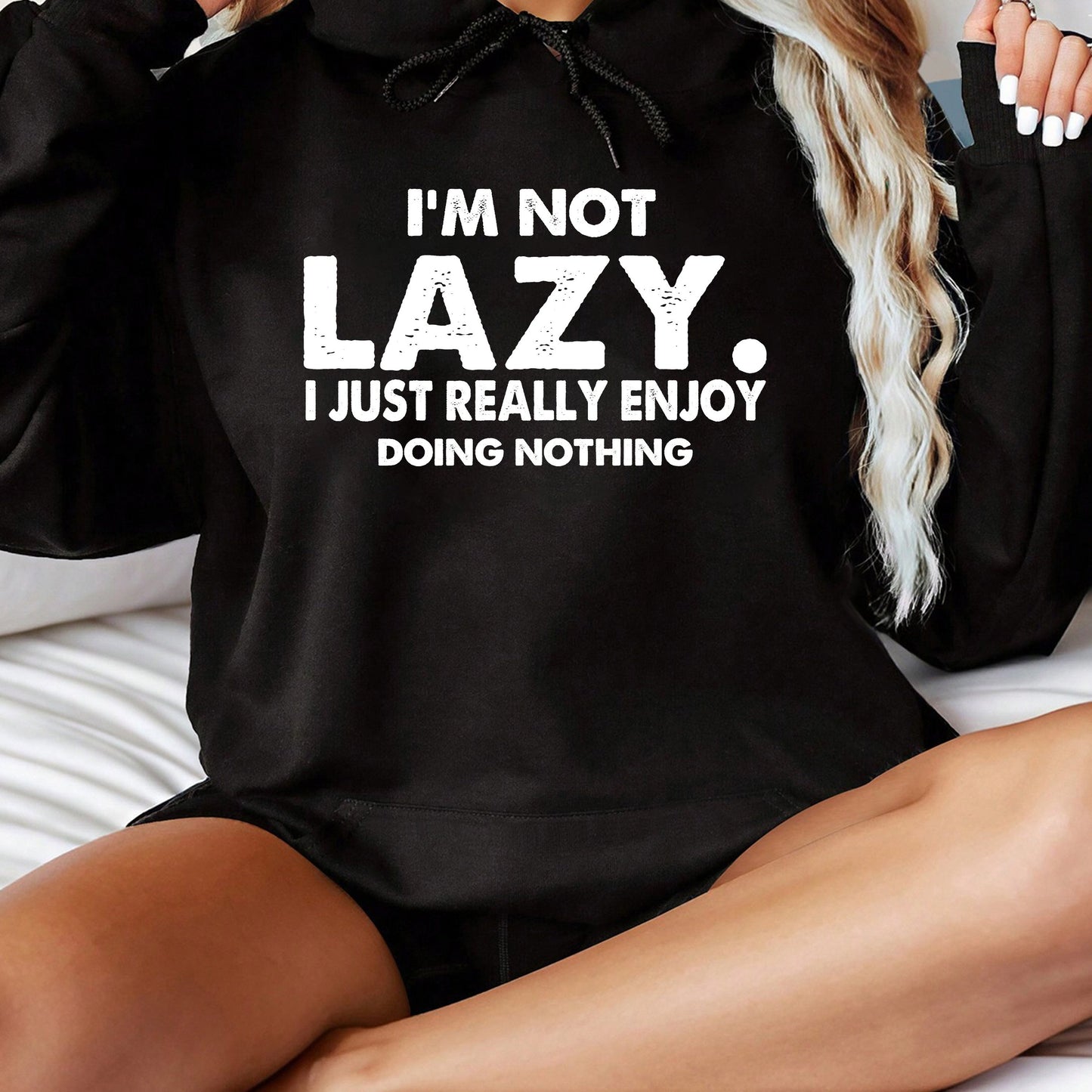 I'm Not Lazy Print Hoodie, Casual Long Sleeve Kangaroo Pocket Drawstring Hoodie Sweatshirt, Women's Clothing