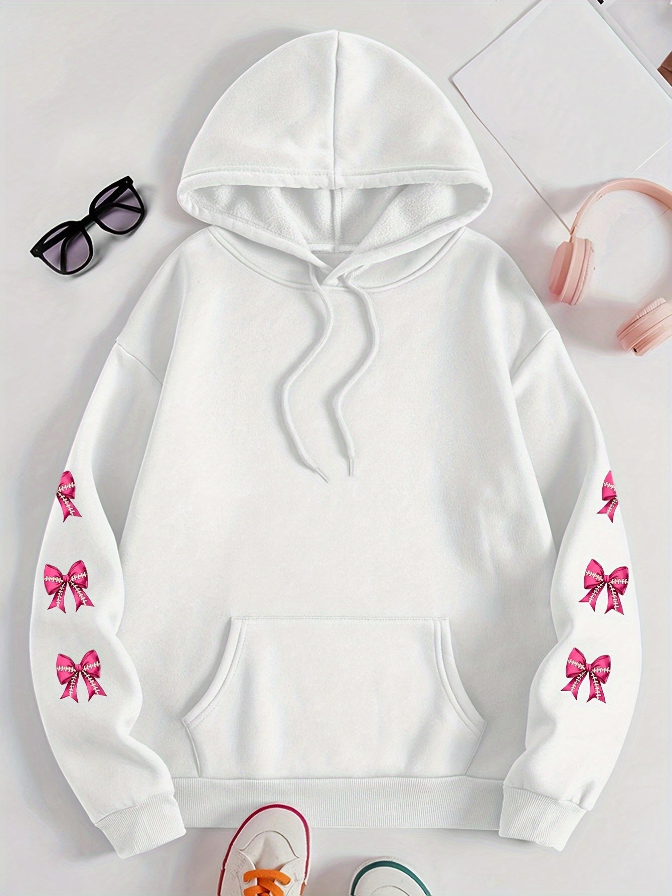 Women'S Plus Size Hoodie with Pink Ribbon Bowknot Print, Casual Long Sleeve Pullover with Pocket, 100% Polyester Knit Fabric, Slight Stretch, Fall/Winter Hooded Sweatshirt, Breast Cancer Awareness Design