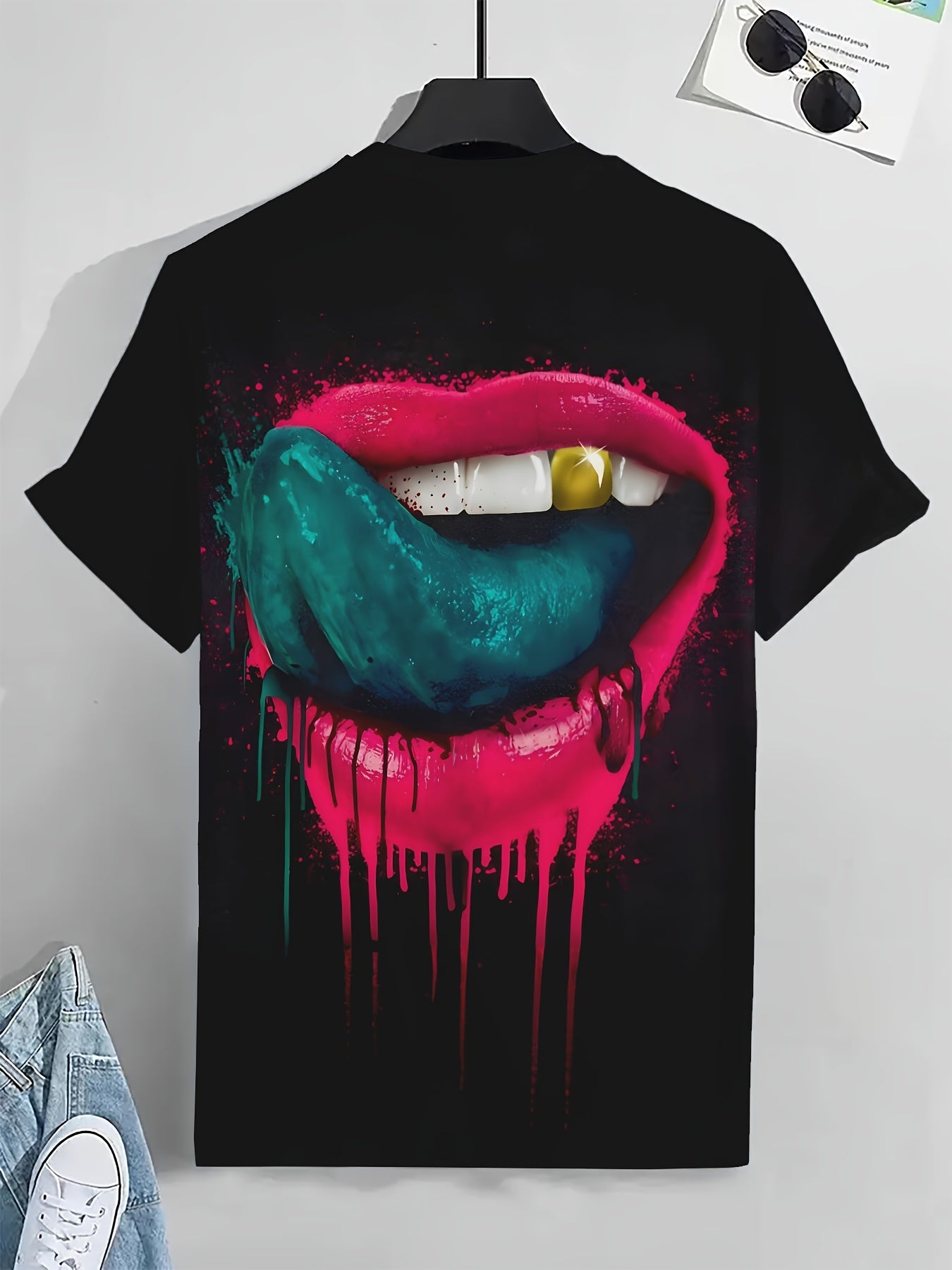 Men's Mouth Graphic Print T-shirt, Short Sleeve Crew Neck Tee, Men's Clothing For Summer Outdoor