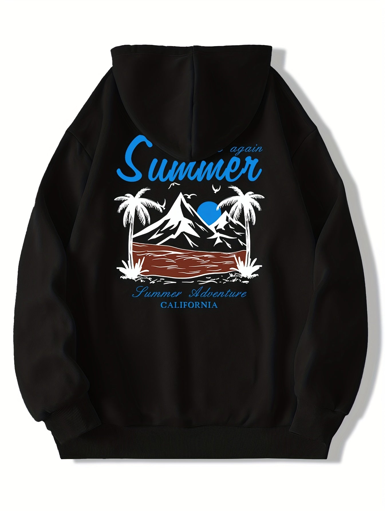 Men's California Summer Adventure Graphic Hoodie - Brown Polyester, Machine Washable, Knit Fabric with Hood, Non-Transparent, Print Design