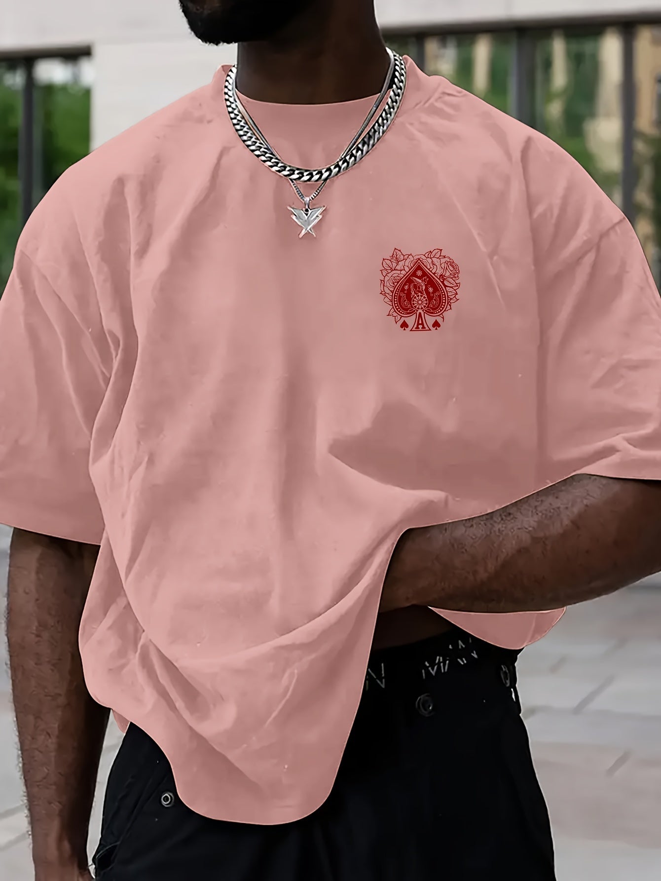 Men's Casual Hip-Hop Street Style Death Skull Ace of Spades Print T-Shirt - Loose Fit, Round Neck, Polyester Knit Fabric, Summer Collection