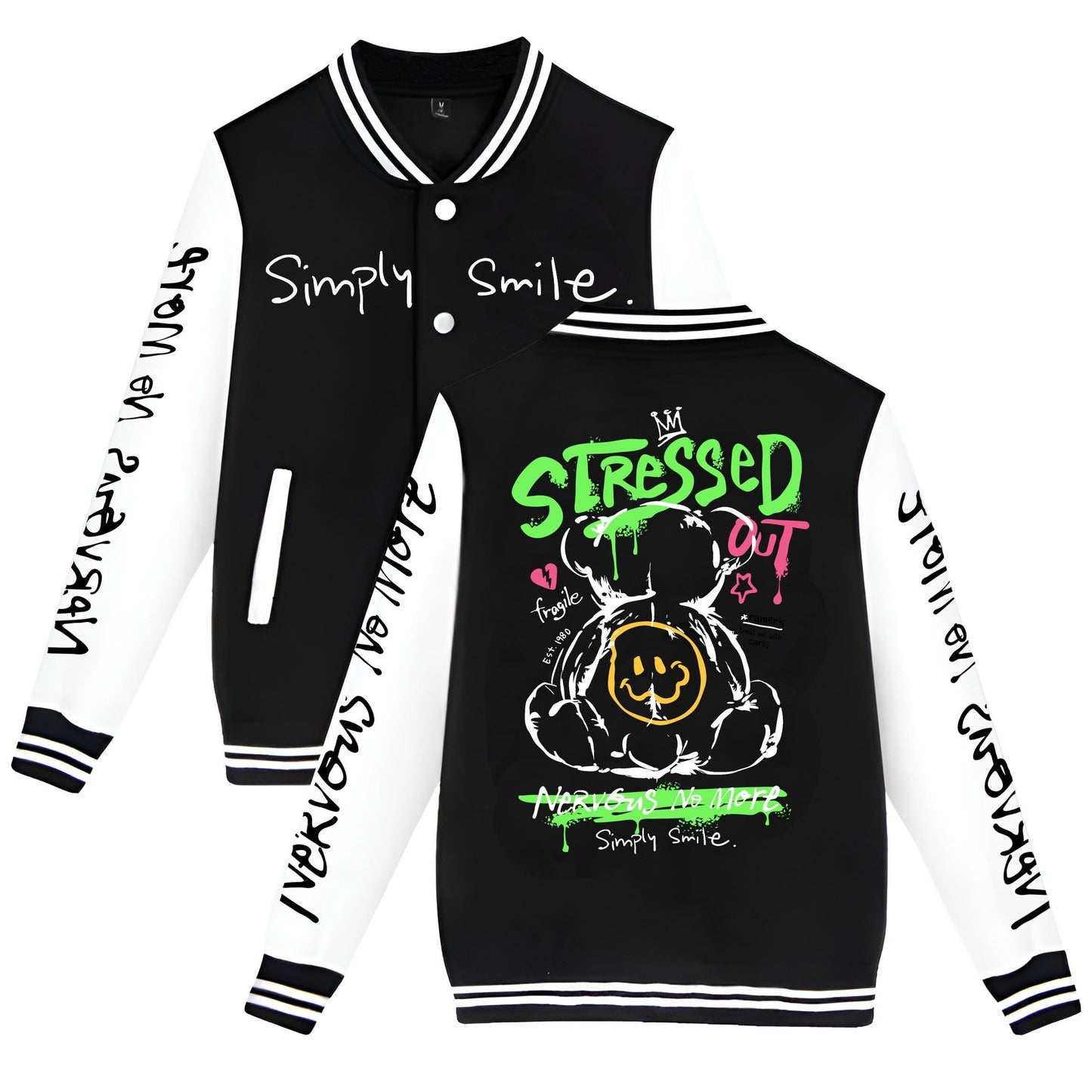 Men's Trendy Bear-Themed Varsity Jacket - Lightweight, Warm Fleece-Lined Baseball Coat with Pockets, Machine Washable