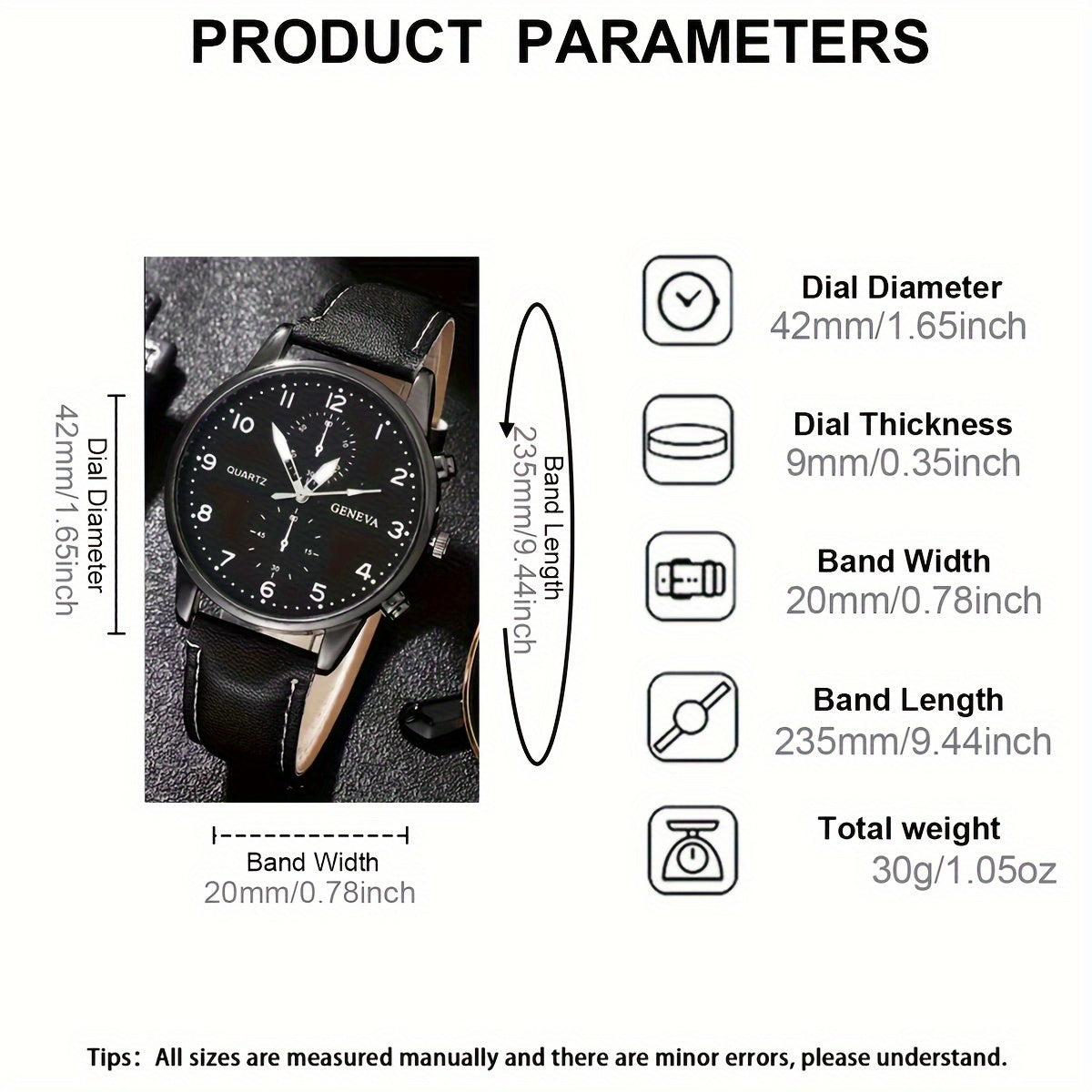 Middle East Ramadan Men Watch 1pc Men Black PU Leather Stainless Steel Case Casual Quartz Watch with 4pcs Bracelet Set Watch for Men Suitable for Men Party Holiday Birthday Wear Or As Brother The Best Gift for A Man No Box