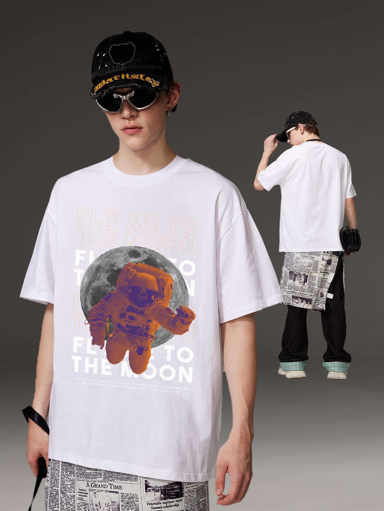 PRIVATHINKER Men's "Fly Me to The Moon" Graphic Tee - 100% Cotton, Oversized & Lightweight, Casual Summer Streetwear with Astronaut & Moon Design, Short Sleeve, Round Neck