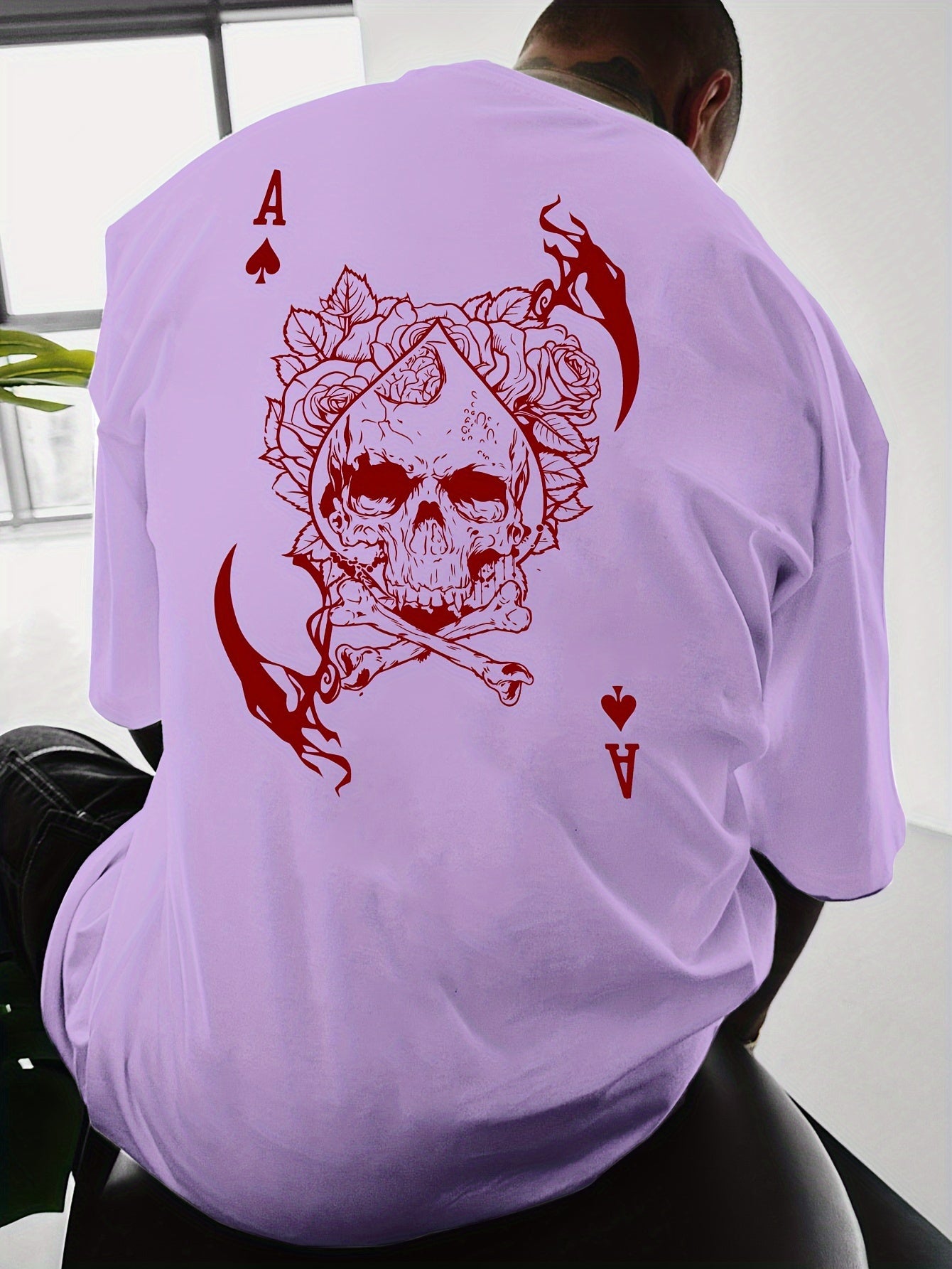 Men's Casual Hip-Hop Street Style Death Skull Ace of Spades Print T-Shirt - Loose Fit, Round Neck, Polyester Knit Fabric, Summer Collection