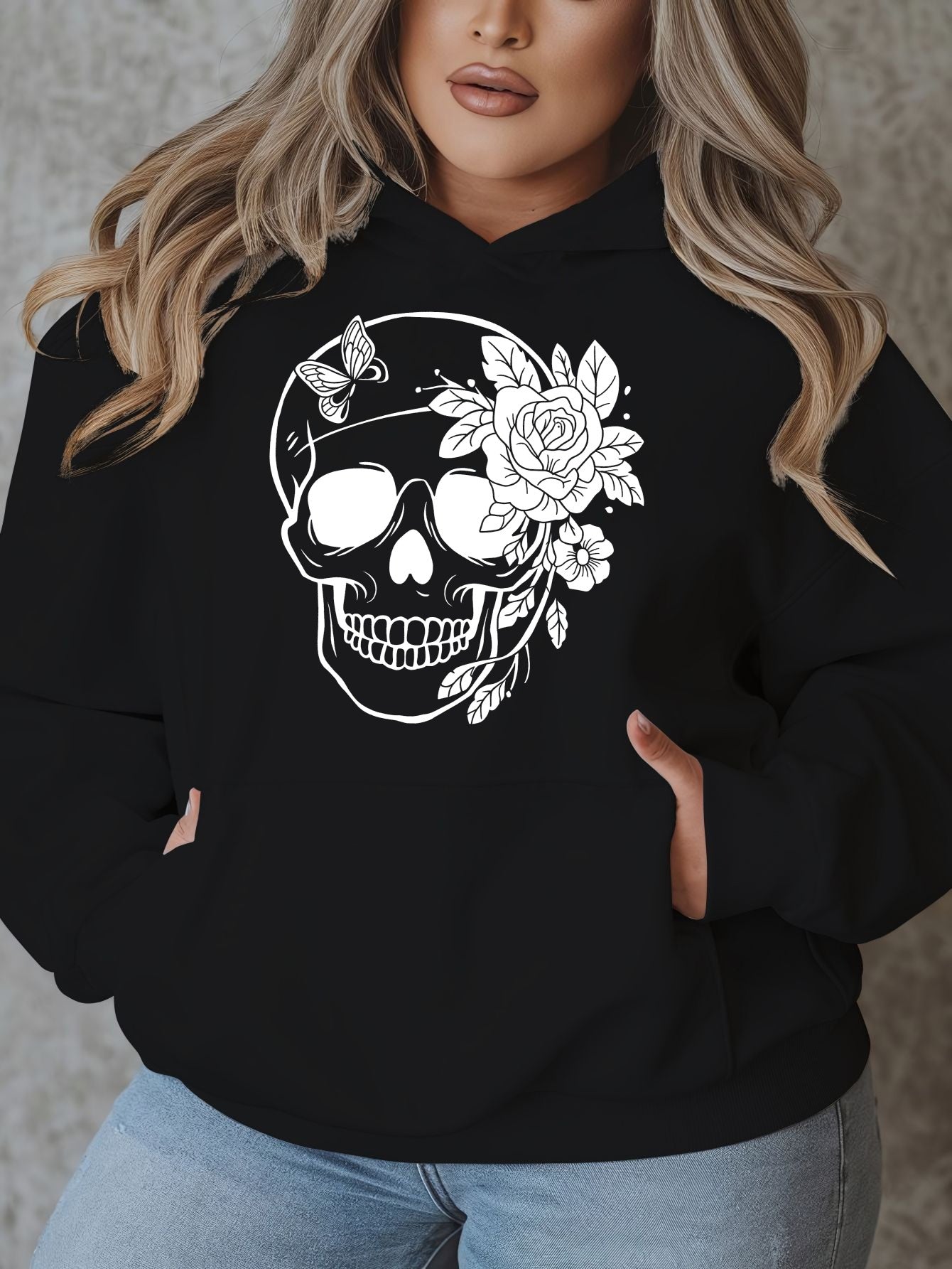 1pc Women'S Plus Size Casual Hoodie with Floral Skull Print, Polyester Knit Sweatshirt, Long Sleeve Pullover with Pockets, Letter Pattern, Round Neck Hooded Top, with Autumn/Winter Fashion