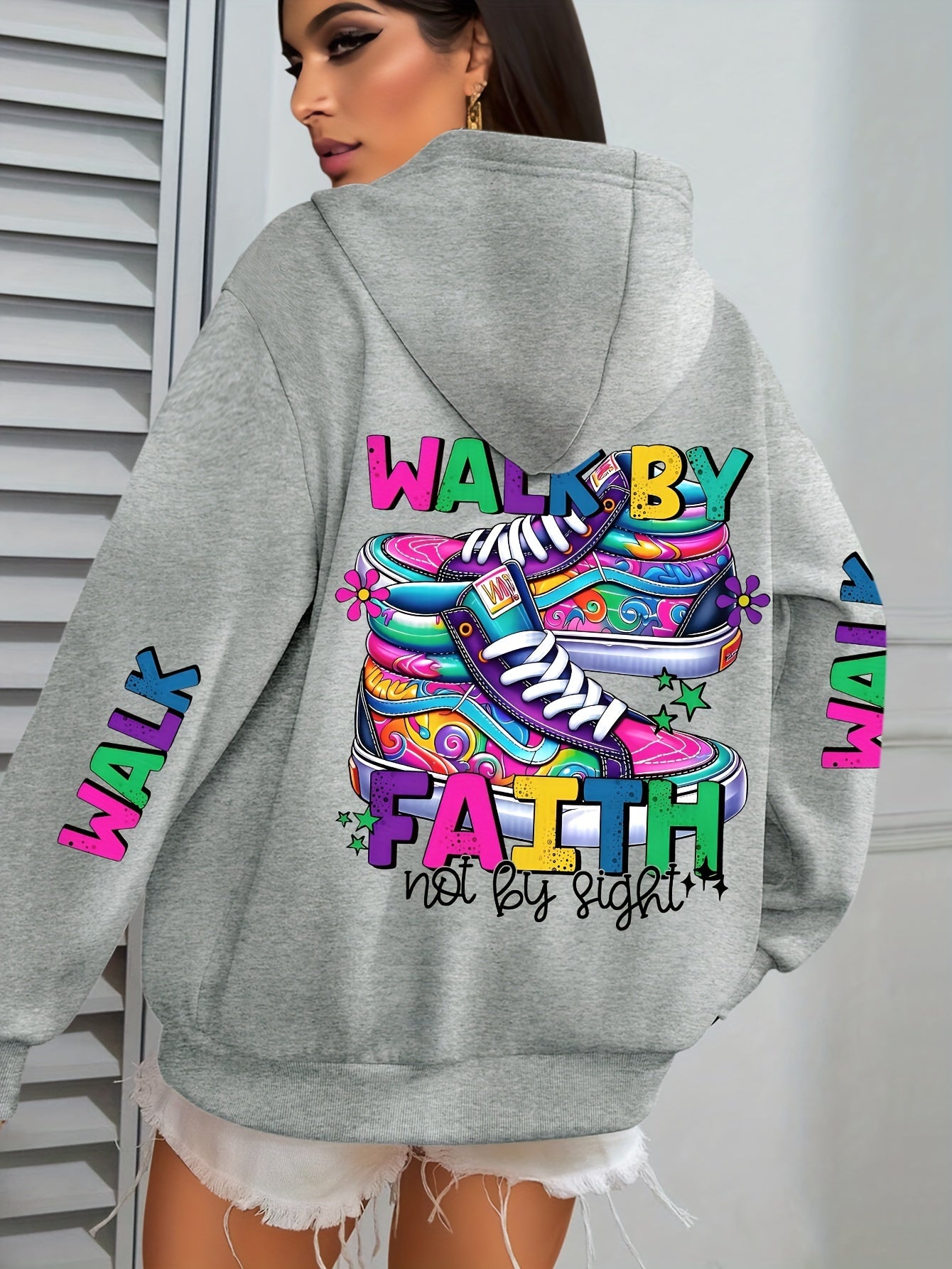 Plus Size Women's Hoodie with Colorful Walk Shoes Print - Casual Long Sleeve Pullover with Pocket, Cozy Polyester Hooded Sweatshirt for Fall & Winter, Fall Fashion Hoodie|Vibrant Shoe Design|Machine Washable Top