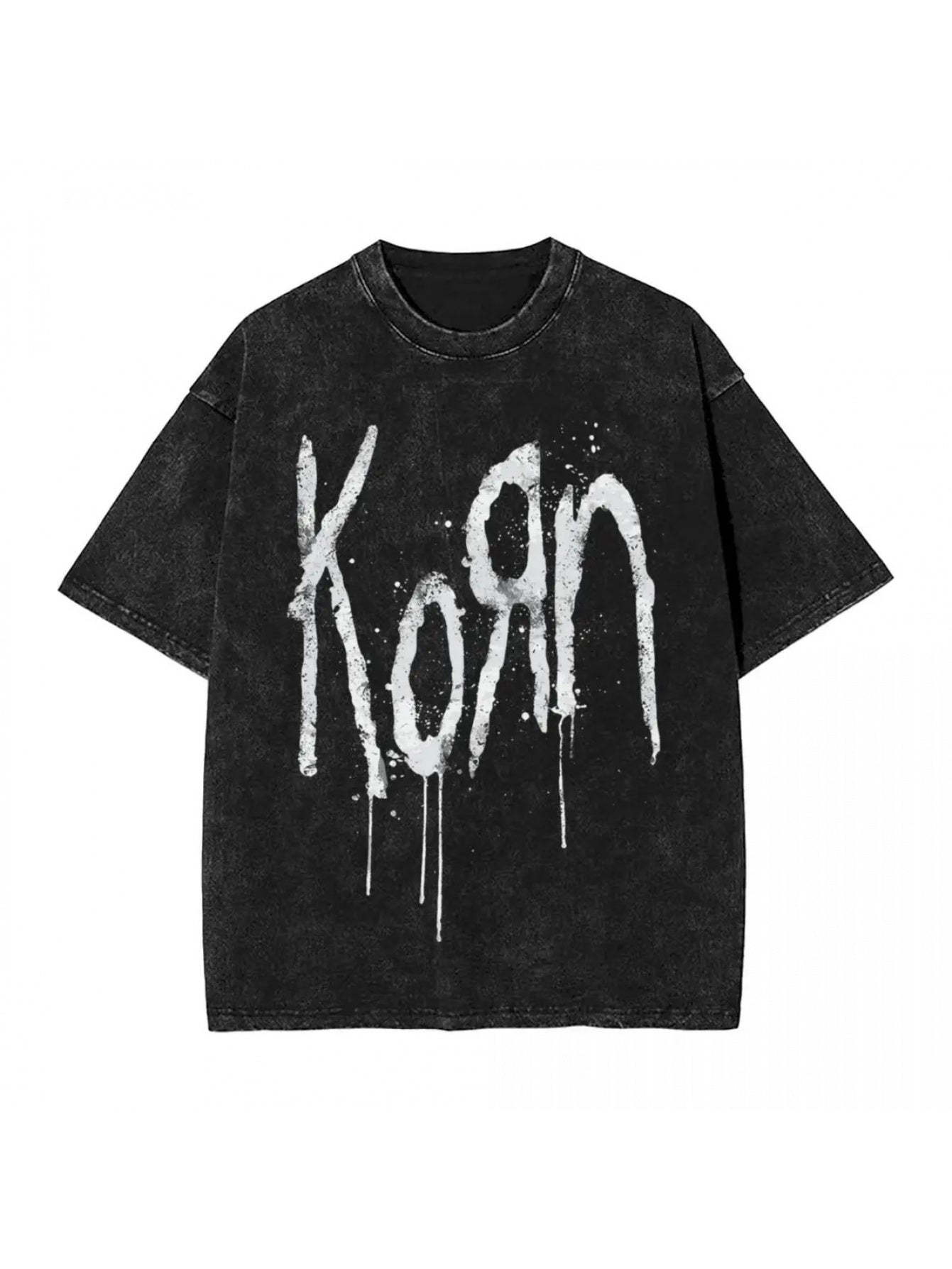 Korn Band Inspired Oversized T-Shirt - 100% Cotton, Black with White Dripping "KON" Print, Short Sleeve, Round Neck - Hip Hop Streetwear for Men & Women