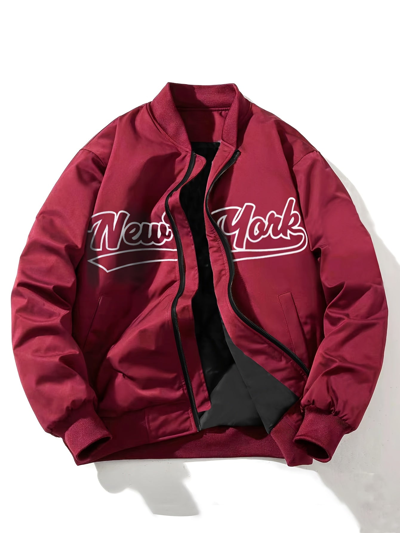1pc Men'S Casual Bomber Jacket, Polyester 100% Lightweight Windbreaker, Letter Print, Baseball Collar, Long Sleeve, Regular Fit with Pockets, Zippered Front - Daily and Leisure Wear