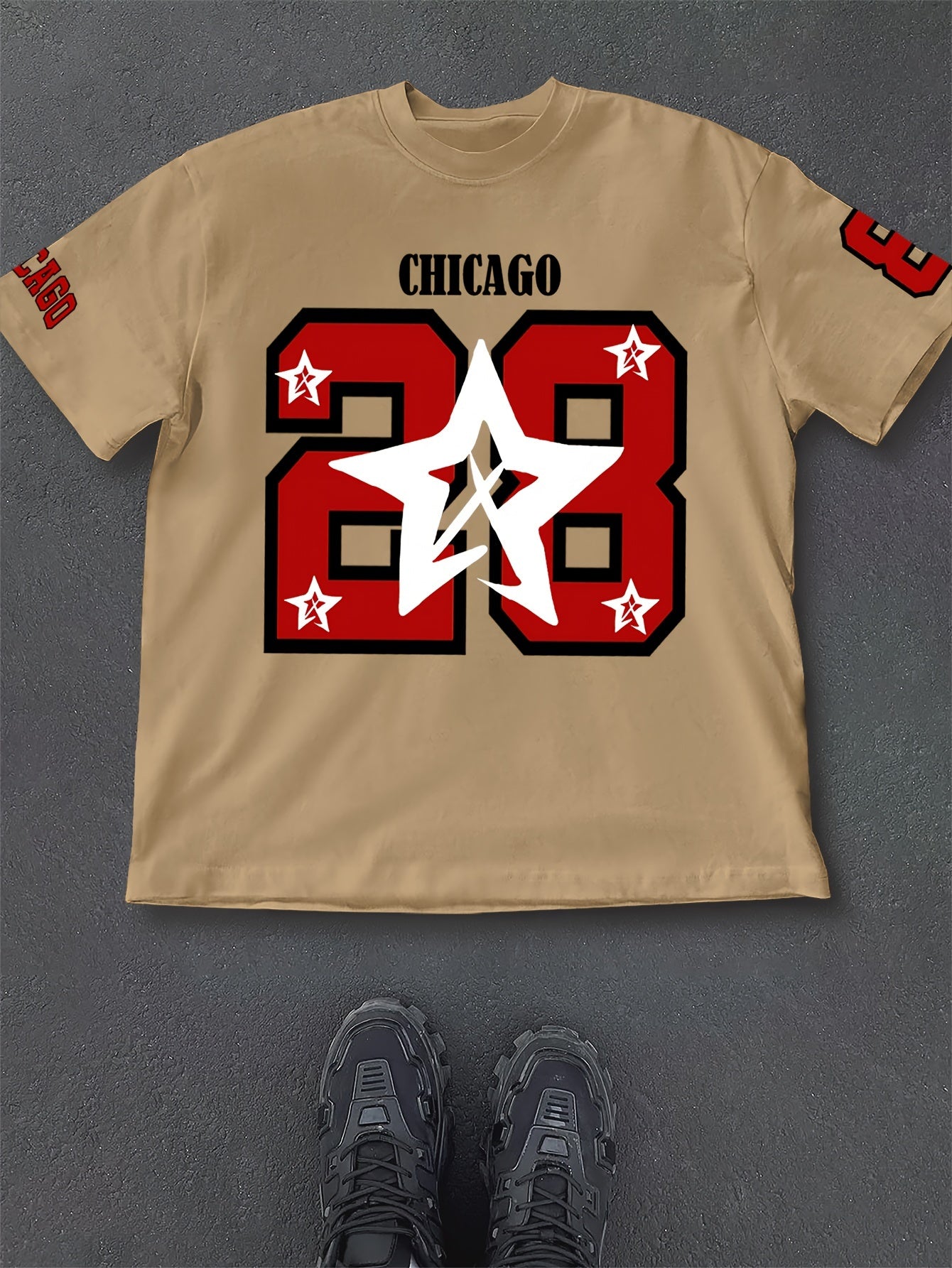 Men's Casual Summer T-Shirt with Printed Lettering and Numbers, Loose Fit, Polyester Knit Fabric, Round Neck, Short Sleeve