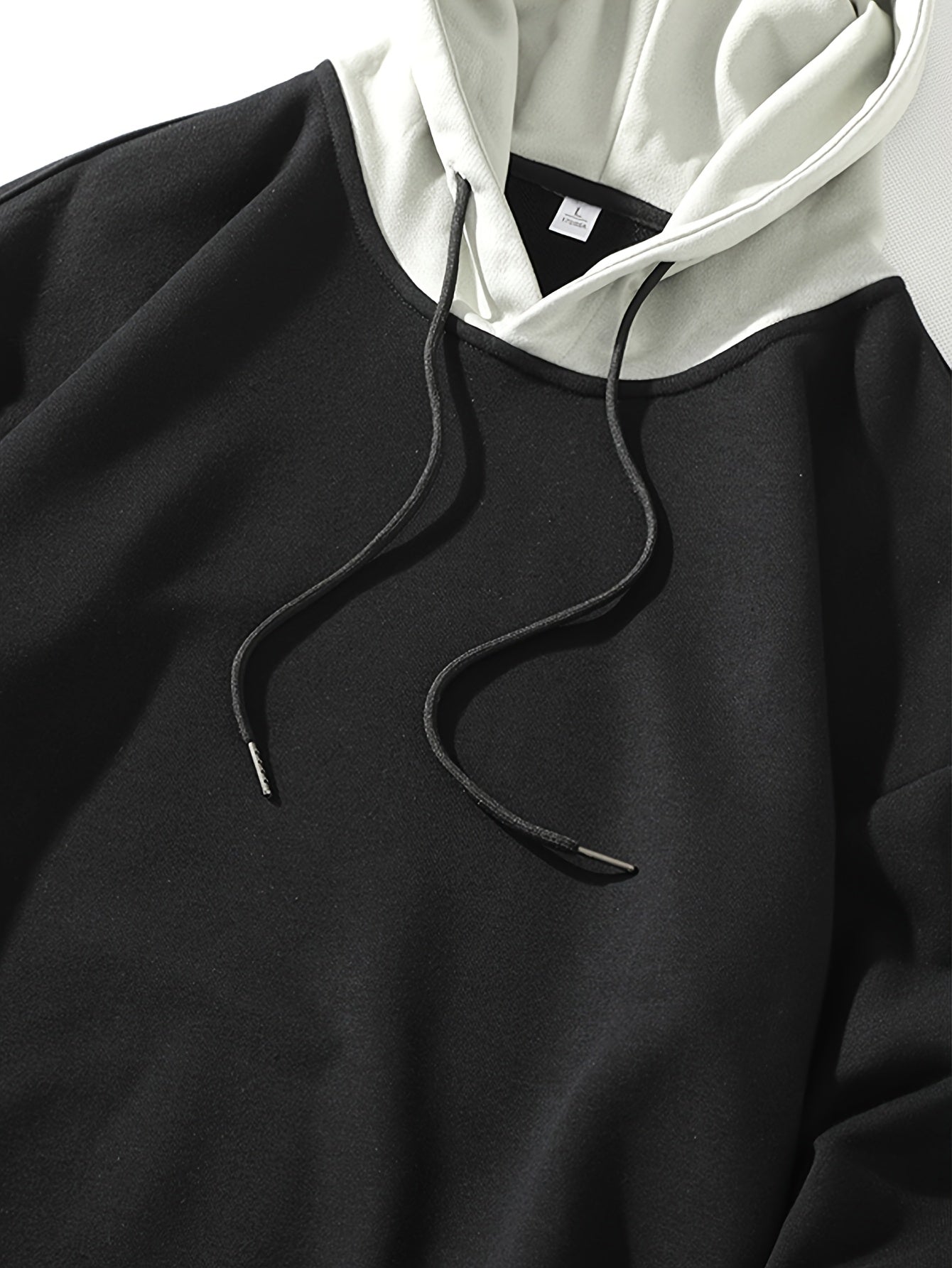 Men'S Fashion Casual Hooded Sweatshirt, 100% Polyester Knit Fabric, Long Sleeve, Loose Fit Pullover with Geometric Applique Design, Medium Stretch, for Spring/Autumn Trendy Streetwear