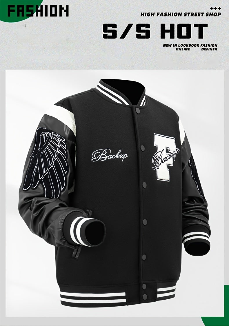 Men's Letter Double-wing Embroidery Varisty Jackets Vintage Long Sleeve PU Leather Patchwork Baseball Coats for Autumn&Winter
