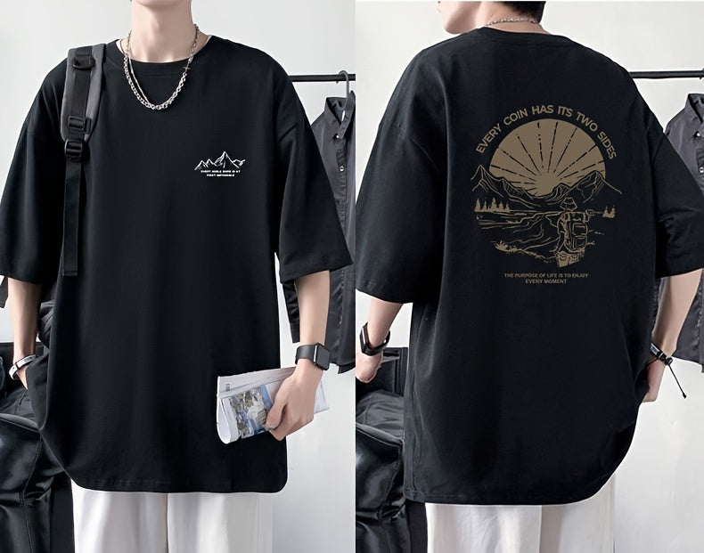 Men's Loose 100% Cotton Mountain Graphic Print T-shirt, Casual Short Sleeve Crew Neck Tee, Men's Clothing For Summer Outdoor