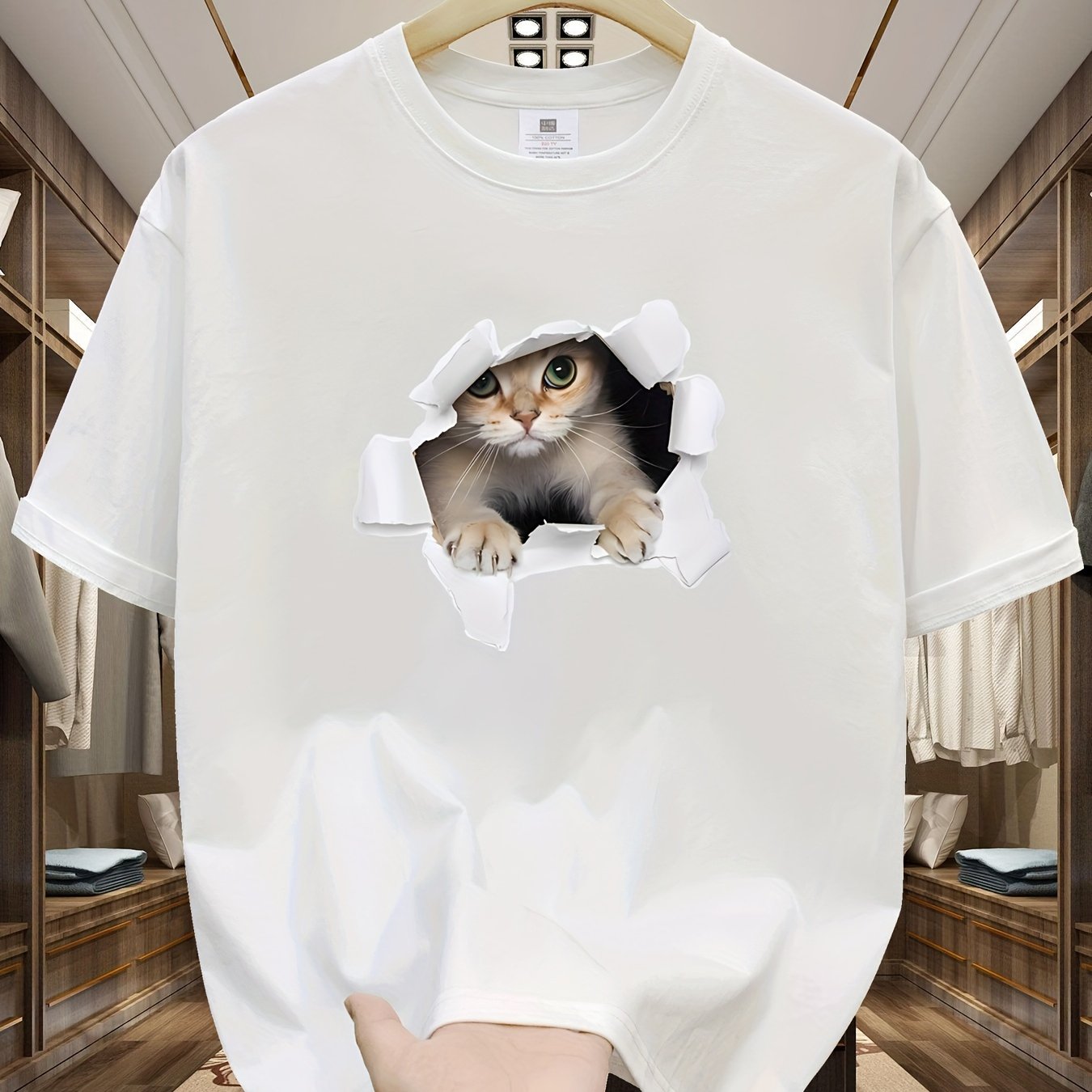 Men's 100% Cotton Loose Cat Graphic Print T-shirt, Short Sleeve Crew Neck Tee, Men's Clothing For Summer Outdoor