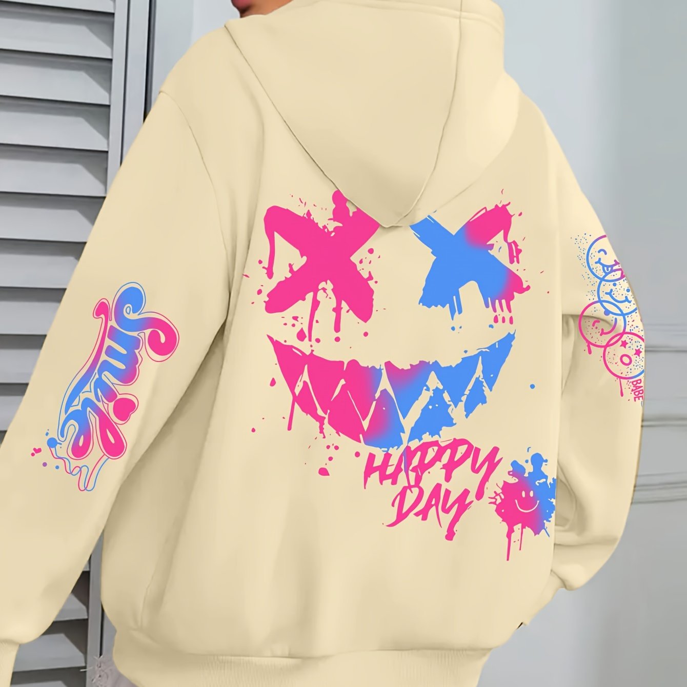 1pc Street Style Graffiti Print Hoodie for Women, Plus Size Casual Polyester Sweatshirt with Letter Applique, Knitted Pullover with Drawstring Hood for Autumn/Winter