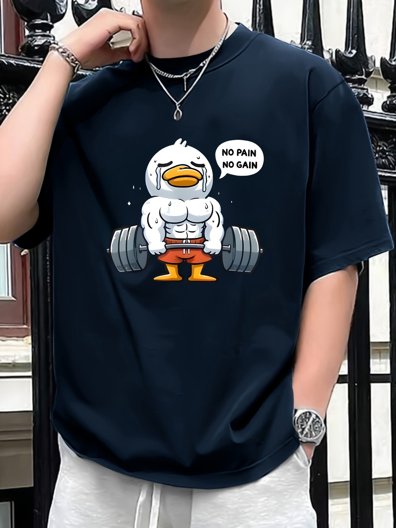 No Pain No Gain" Men's Motivational T-Shirt - Muscular Duck Cartoon Print, 100% Cotton, Short Sleeve, Round Neck, Casual Street Style Tee for Summer & Spring, Oversized T Shirt