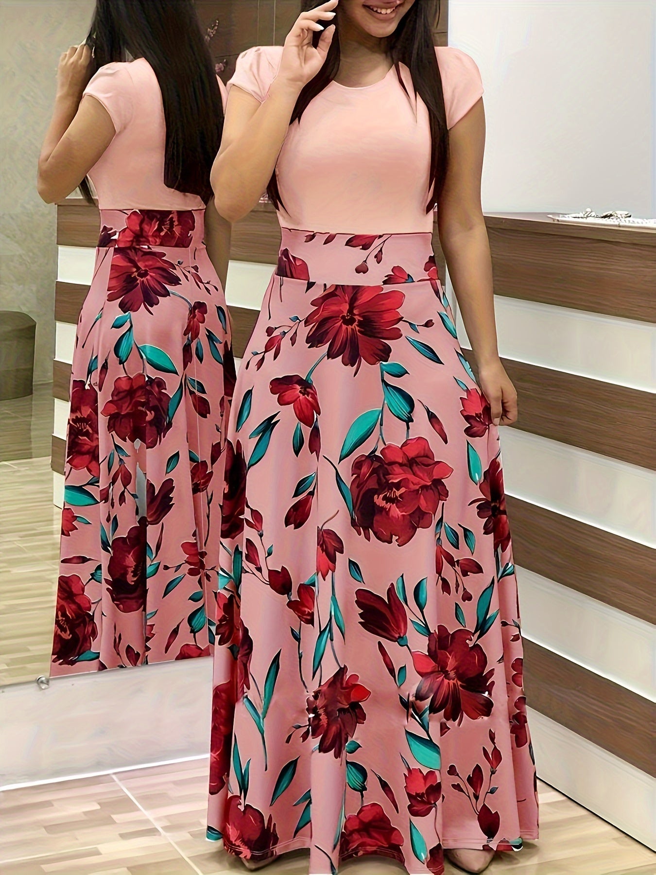 Floral Print Splicing Maxi Dress, Casual Crew Neck Short Sleeve Dress For Spring & Summer, Women's Clothing