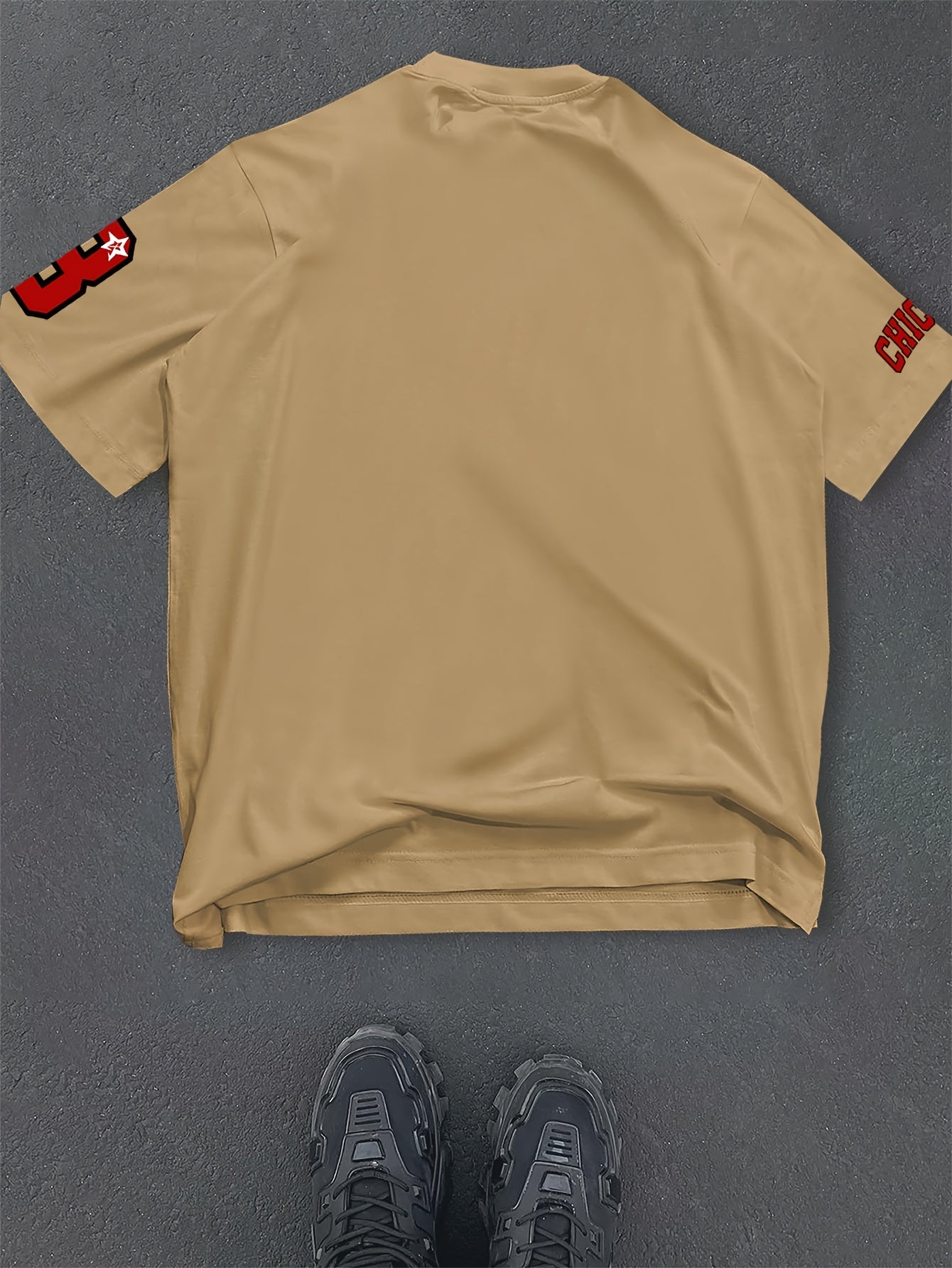 Men's Casual Summer T-Shirt with Printed Lettering and Numbers, Loose Fit, Polyester Knit Fabric, Round Neck, Short Sleeve