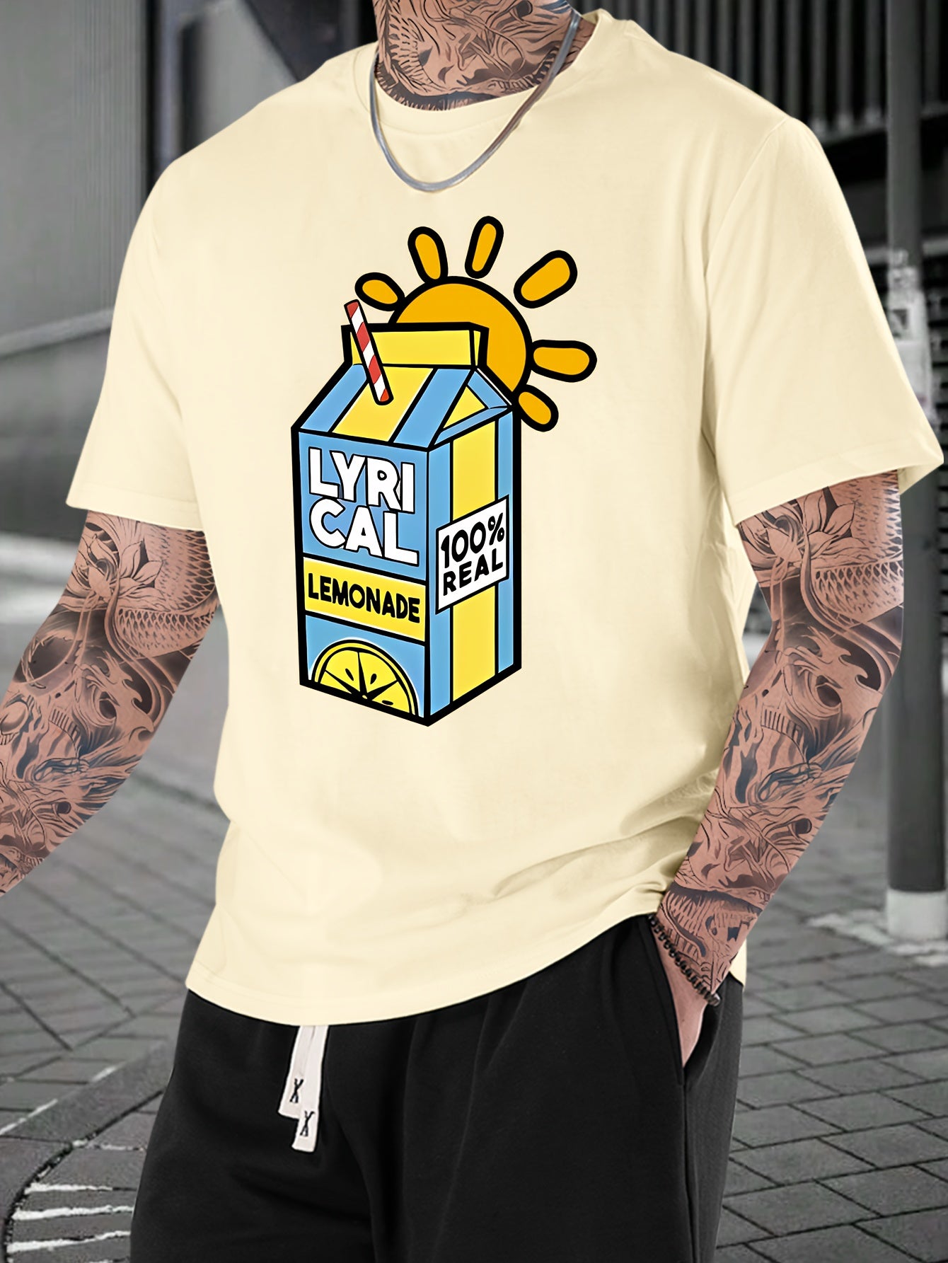 Lemonade Print, Men's Crew Neck Short Sleeve Fashion T-Shirt, Casual Comfy Top For Spring & Summer Holiday Leisure Vacation, Men's Clothing As Gift