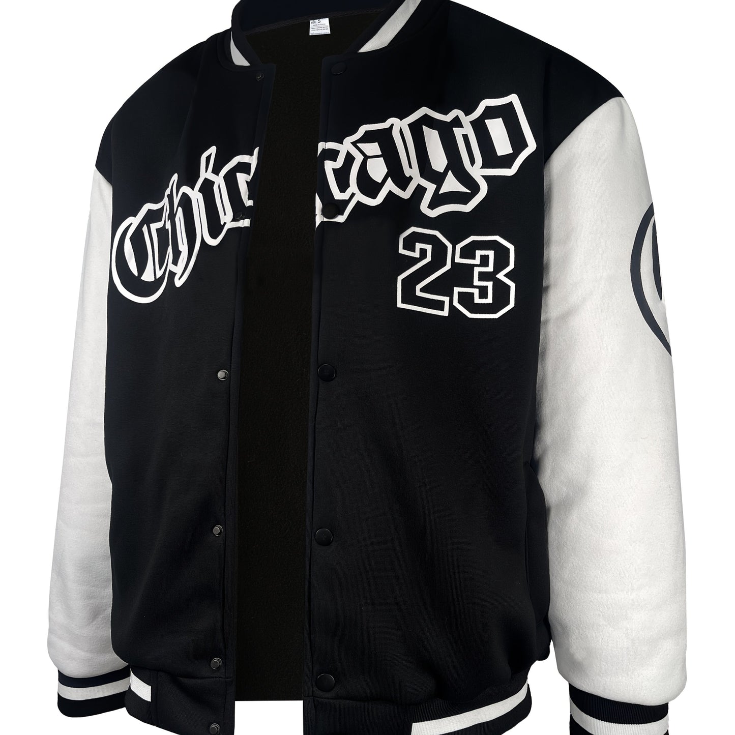 Men'S Casual Fashion Baseball Jacket, 100% Polyester Knit Fabric with Slight Stretch, Crew Neck, Button Closure, Alphabet Pattern, Regular Fit with Pockets, Polyester Lined