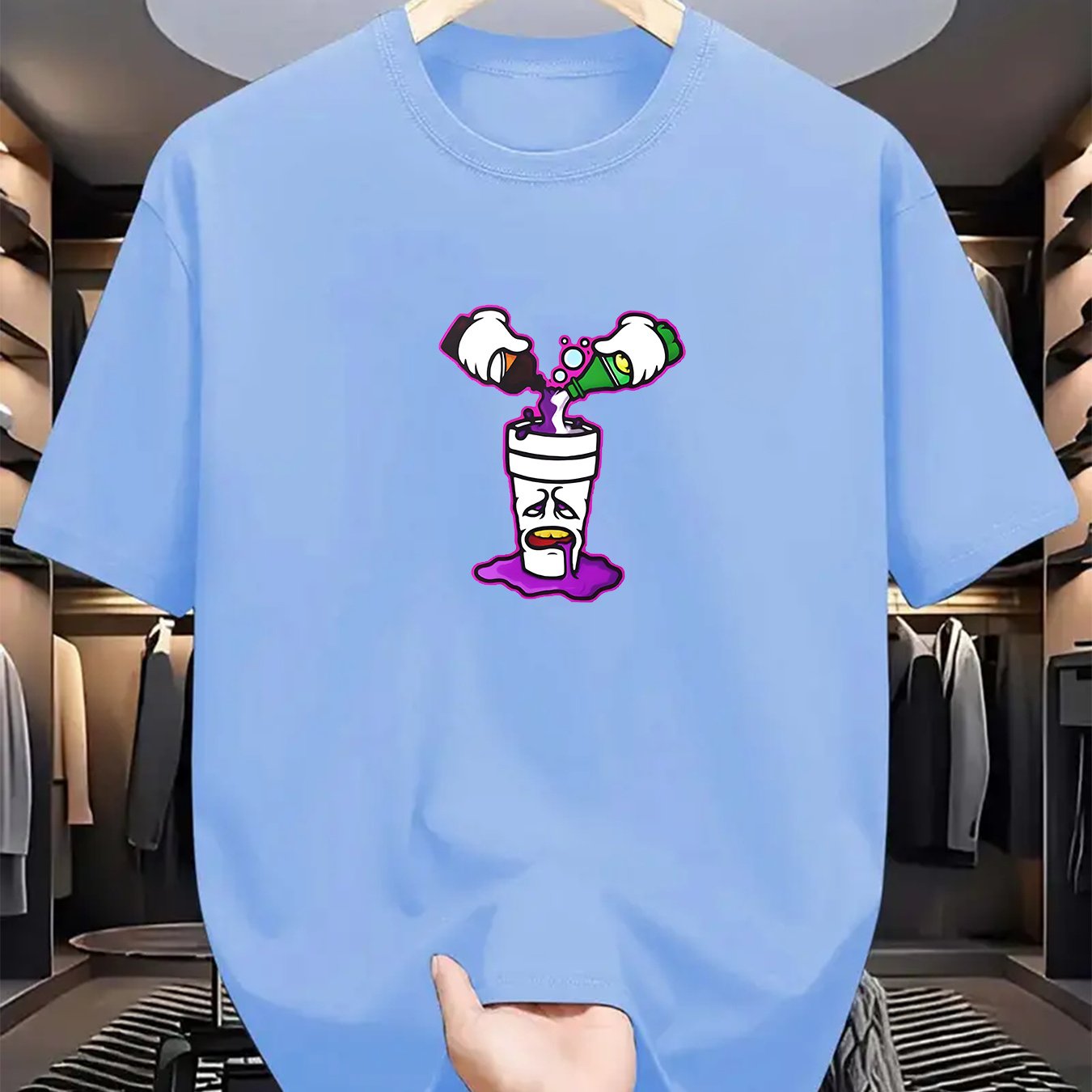 Men's Casual Summer Tee - Purple Drink Print, Short Sleeve, Crew Neck, Stretch Fabric, Machine Washable, Regular Fit T-Shirt for Casual Attire