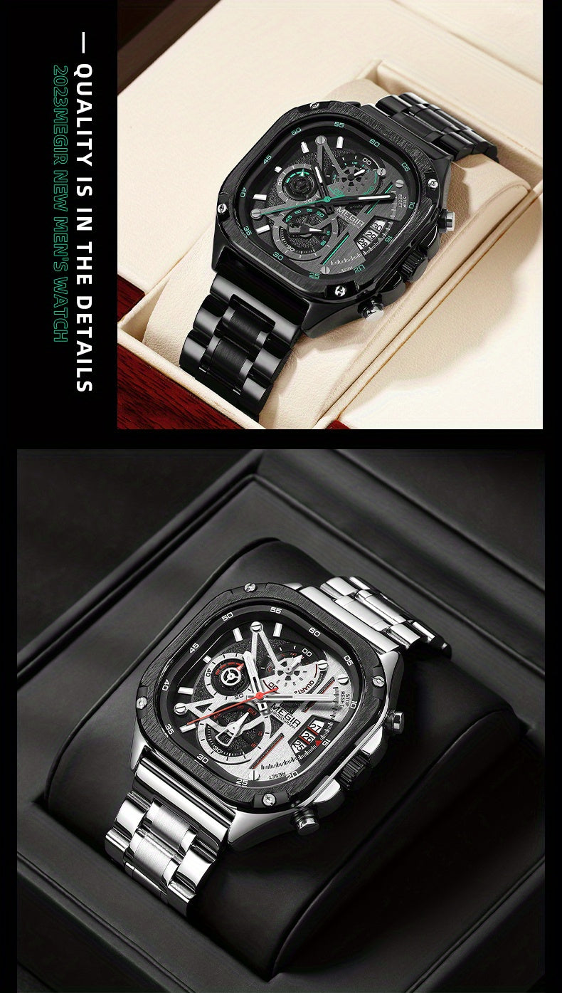 MEGIR Black Quartz Watch Men Square Dial Wristwatch with Chronograph Stainless Steel Strap Luminous Hands Auto Date