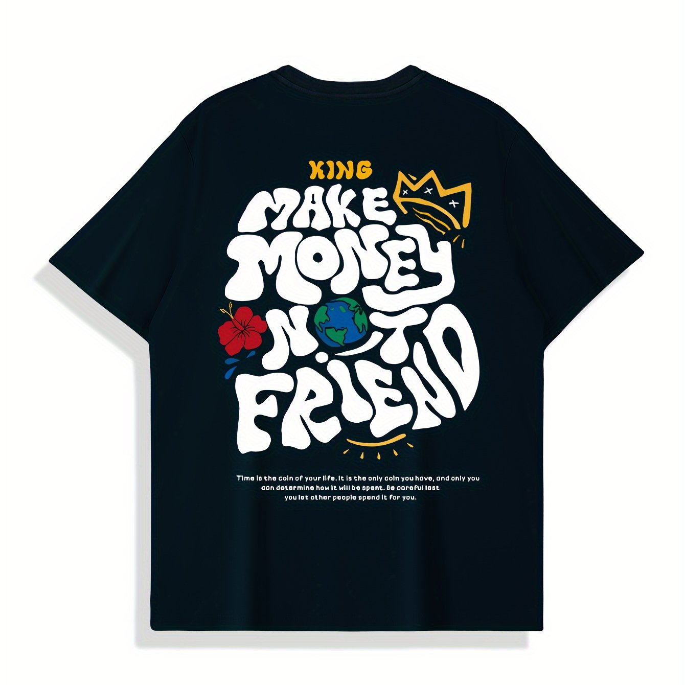 Men's Crew Neck Short Sleeve T-shirt, KING MAKE MONEY Creative Pattern Back Print Cozy Cotton Tee For Summer Outdoor Casual Activities