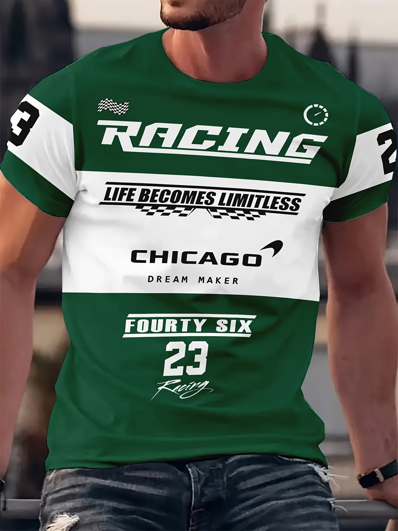Men's Casual Graphic T-Shirt With Racing Digital Print, Polyester Fiber, Relaxed Fit, Round Neck, Breathable And Soft