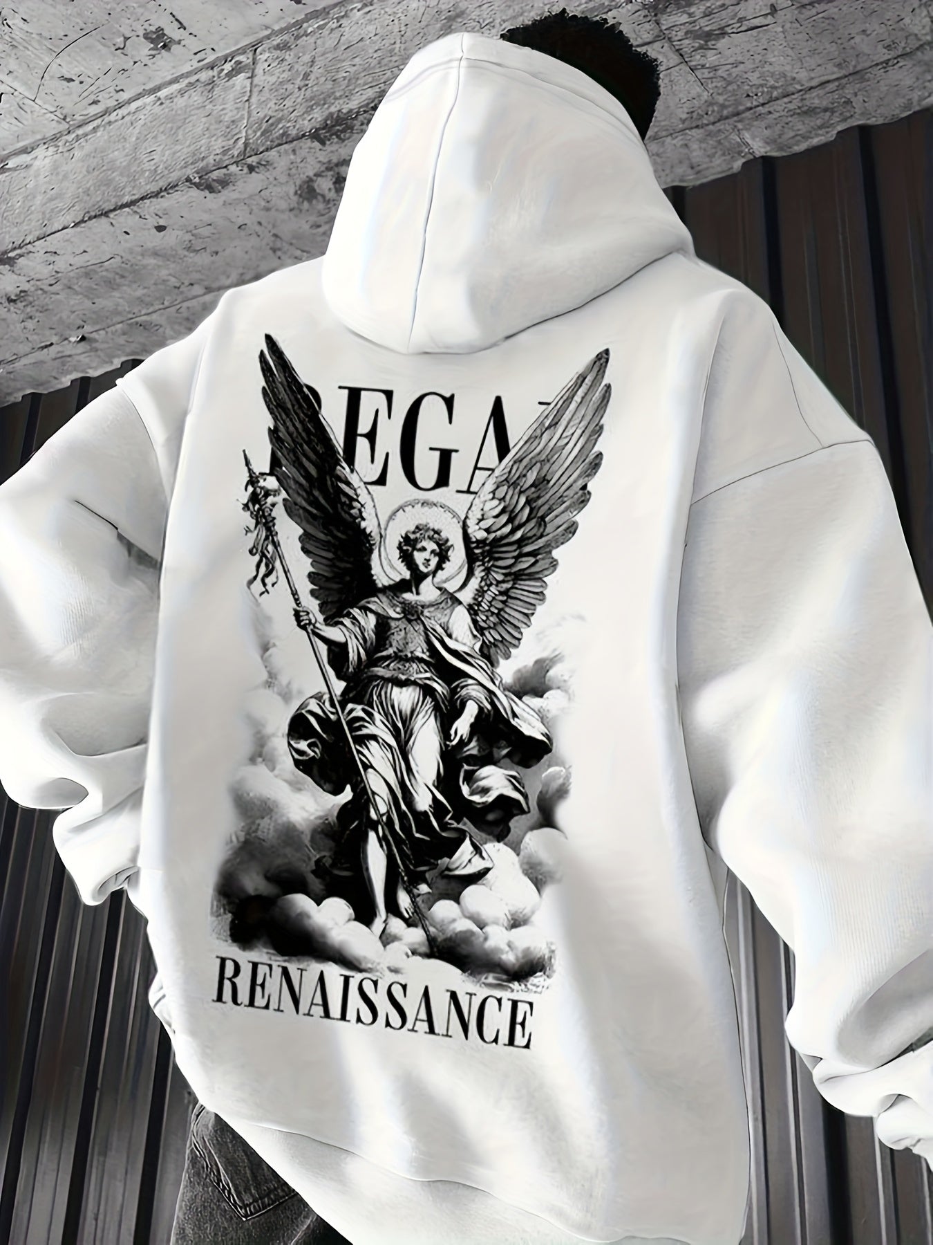 1pc Men'S Casual French Terry Hoodie with Angel Renaissance Print, Non-Stretch Knit Fabric, Loose Fit with Pockets, Alphabet Pattern, Comfortable Commuter Fashion Sweatshirt