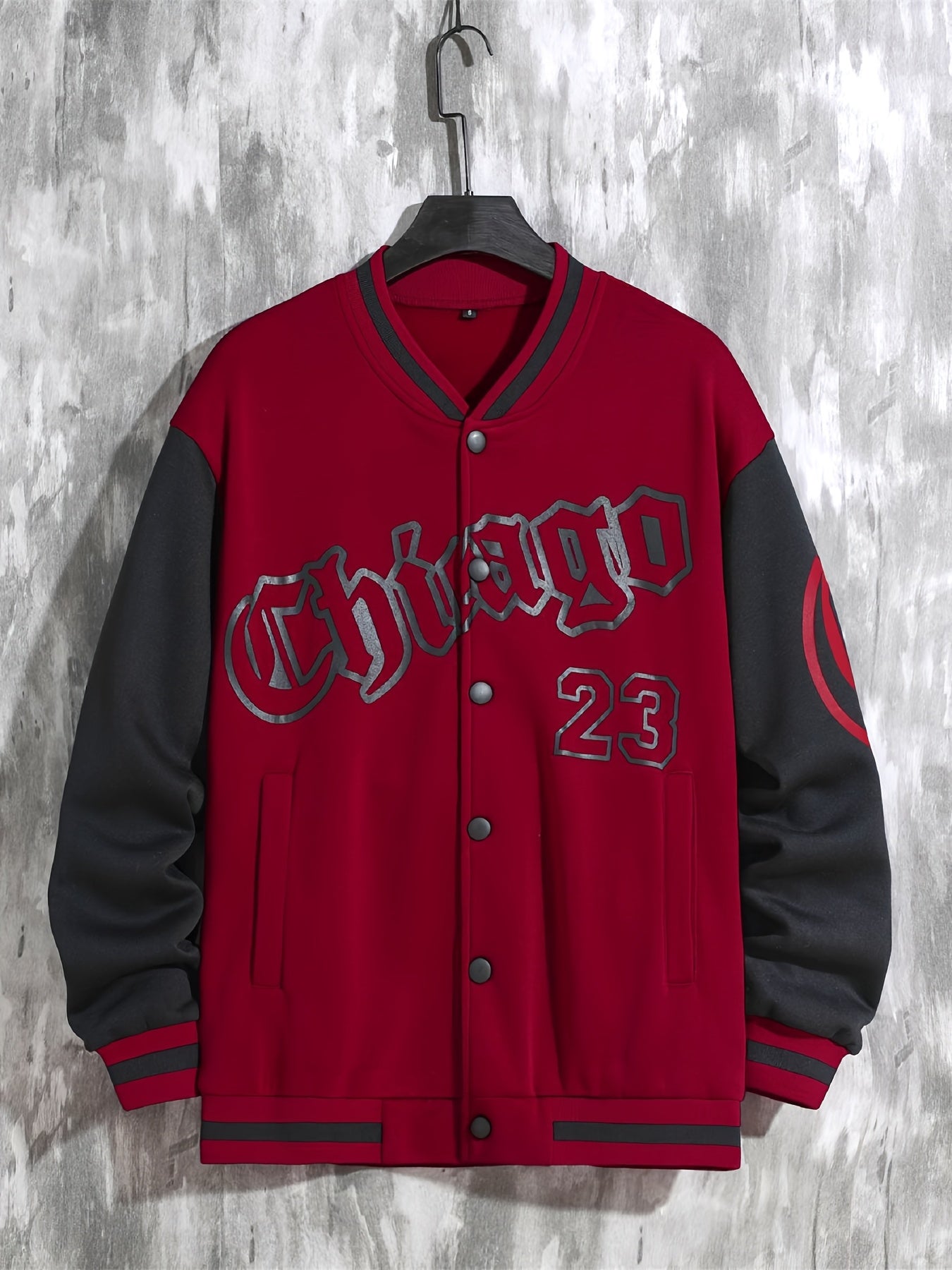 Men'S Casual Fashion Baseball Jacket, 100% Polyester Knit Fabric with Slight Stretch, Crew Neck, Button Closure, Alphabet Pattern, Regular Fit with Pockets, Polyester Lined