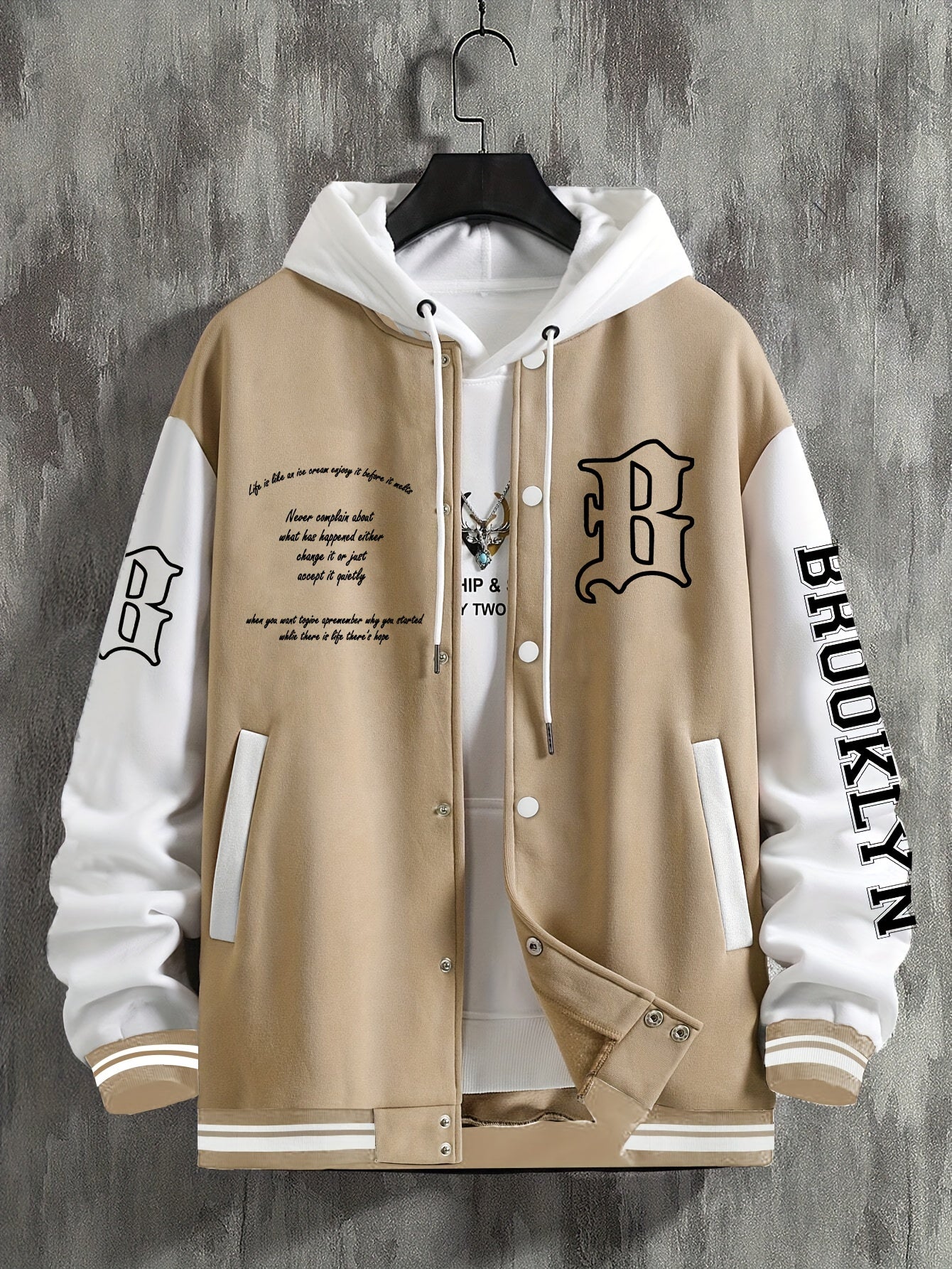 Men's Color Block Varsity Jacket, Casual Baseball Jacket With Letter Embellishment, Comfortable Fit Outerwear