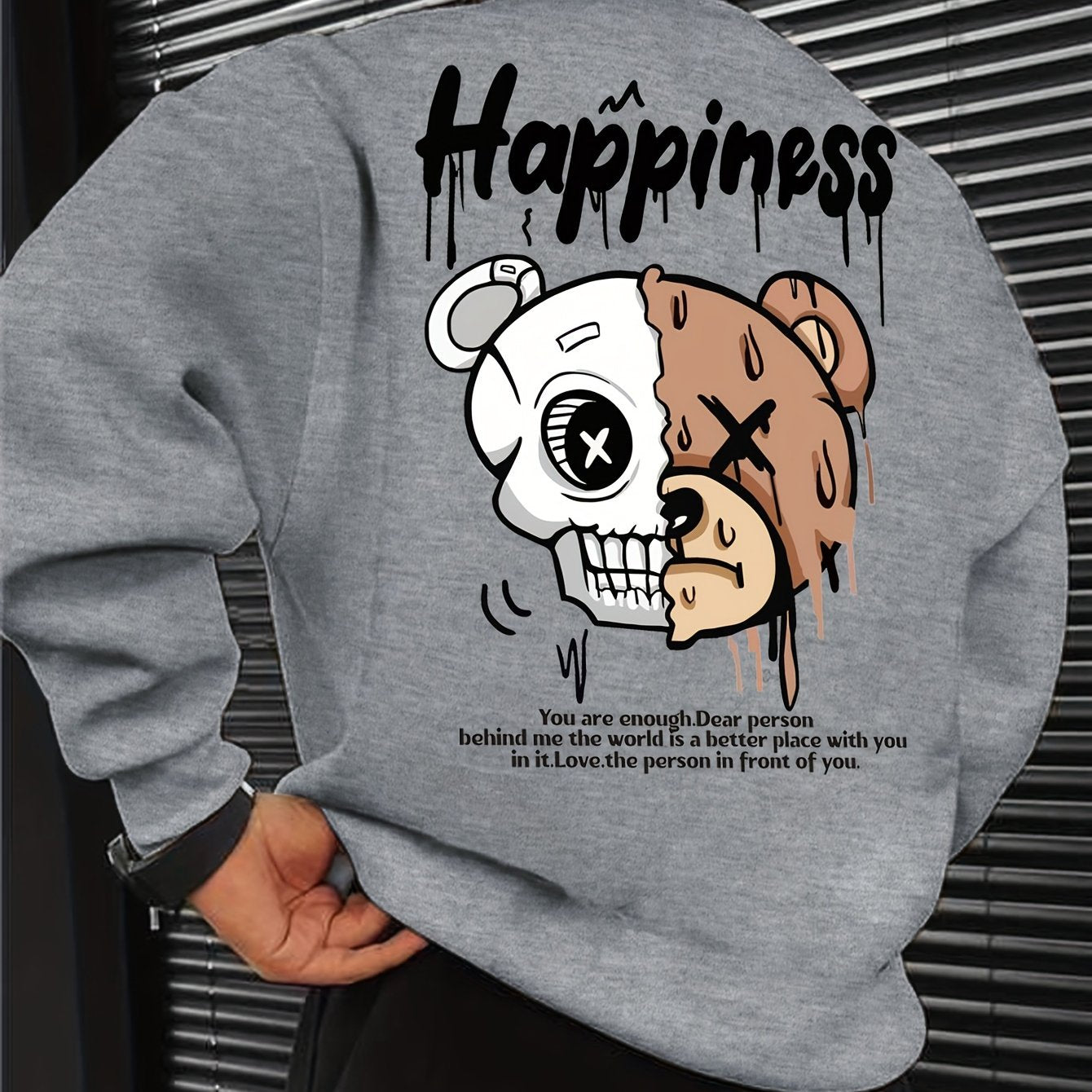 Melted Skull Bear Printed Men's Crew Neck And Long Sleeve Sweatshirt, Casual Style, Breathable, Comfortable, Stylish Street Fashion Pullover Sweatshirt