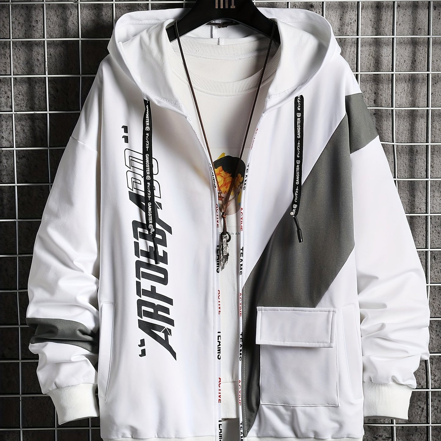 Men's Casual Hoodie with Geometric Print - Cozy & Warm Zip-Up Jacket for Fall/Winter, Polyester Blend, Young Fashion, Sports