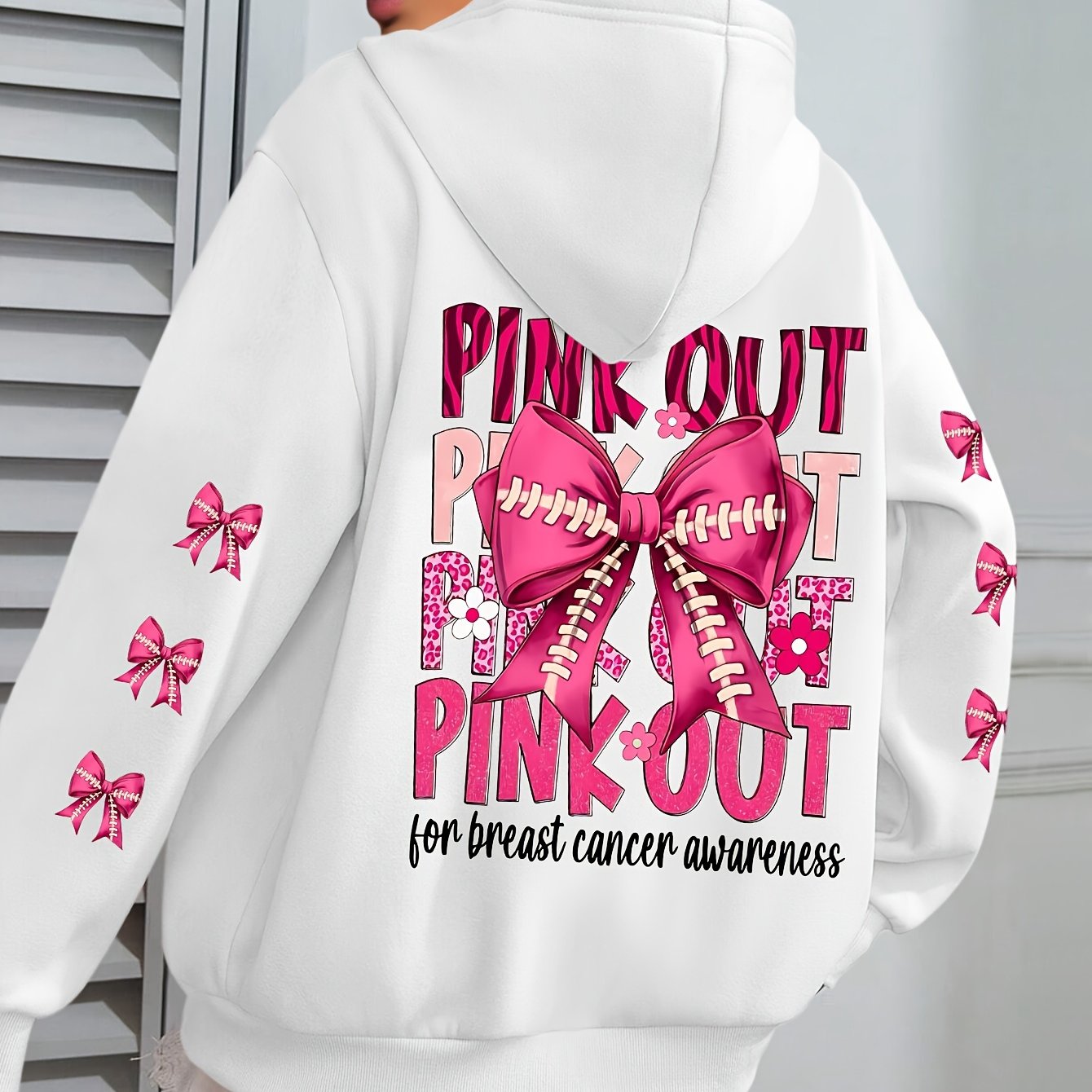 Women'S Plus Size Hoodie with Pink Ribbon Bowknot Print, Casual Long Sleeve Pullover with Pocket, 100% Polyester Knit Fabric, Slight Stretch, Fall/Winter Hooded Sweatshirt, Breast Cancer Awareness Design