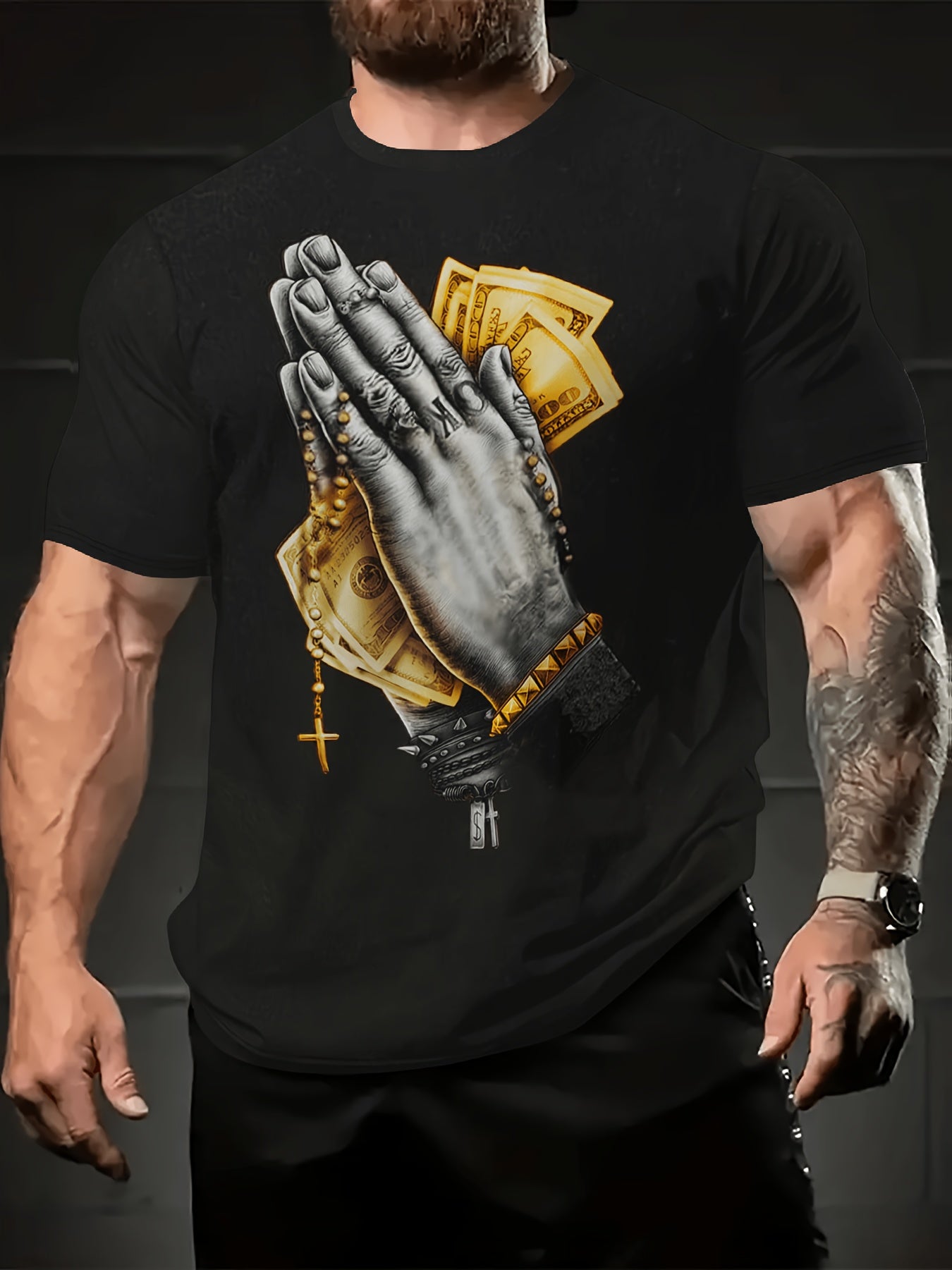 Men's Praying For Money Print Short Sleeve Crew Neck T-shirt, Casual Stylish Tee As Gift
