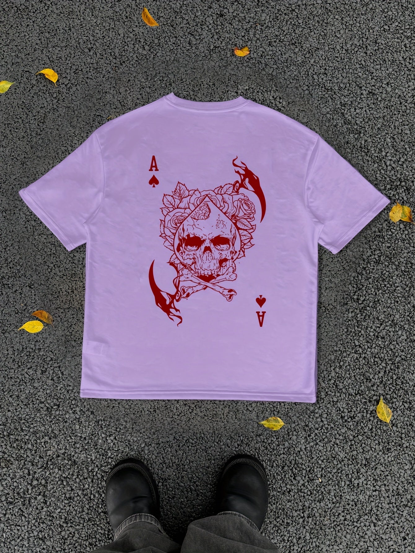Men's Casual Hip-Hop Street Style Death Skull Ace of Spades Print T-Shirt - Loose Fit, Round Neck, Polyester Knit Fabric, Summer Collection