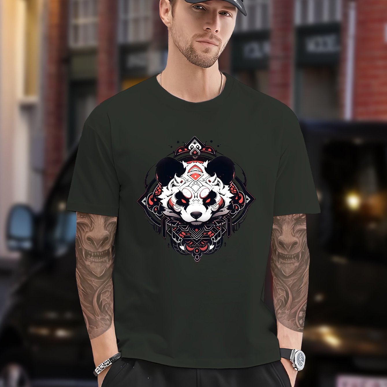 Men's Plus Size Black T-Shirt with Panda Graphic - Casual, Non-Stretch Polyester, Crew Neck, Short Sleeve Tee for Summer, Oversized T Shirt