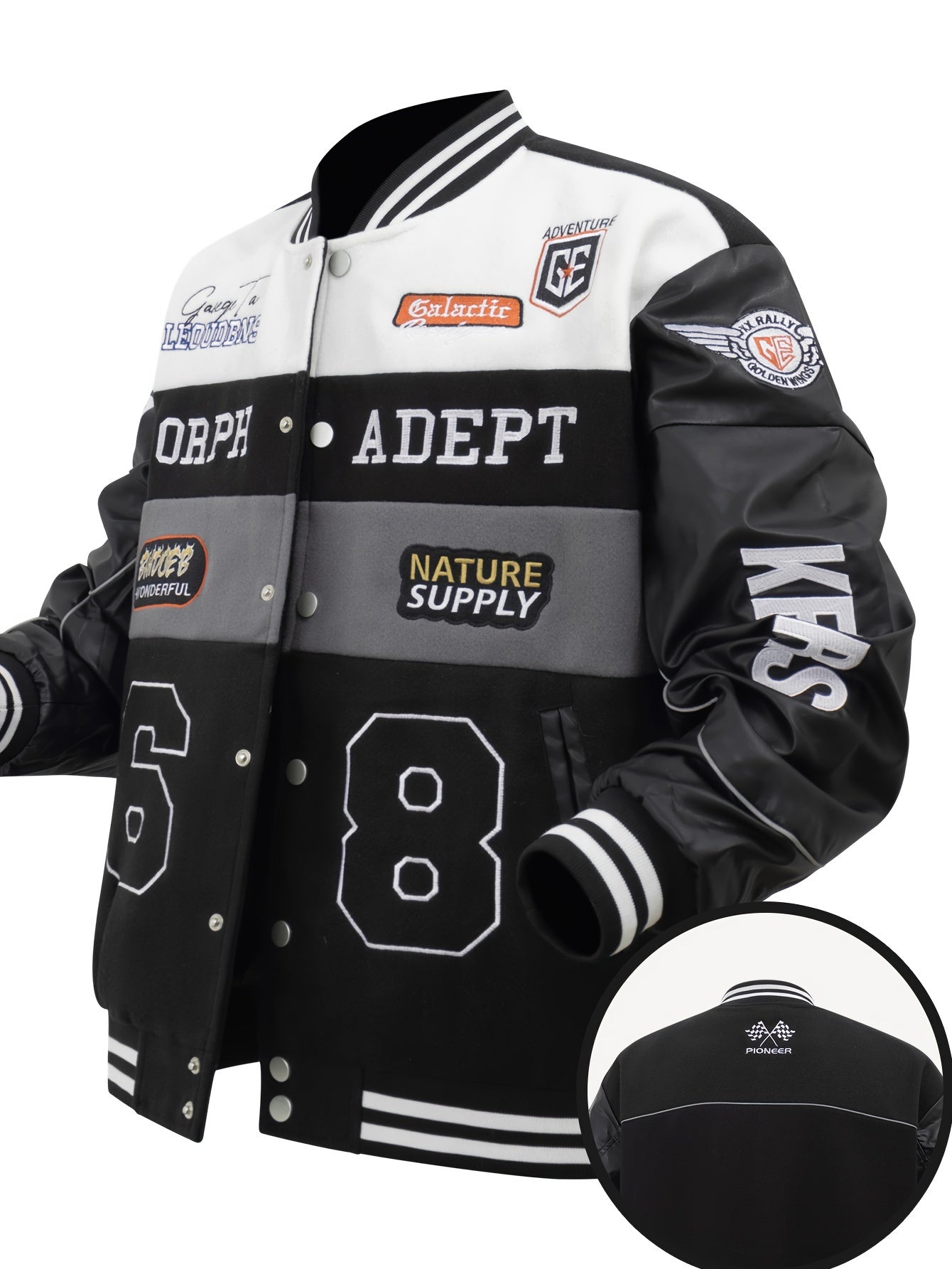 Men'S Daily Patchwork Polyester Varsity Jacket Stylish Retro Embroidered Long Sleeve Baseball Coats Casual Unisex Loose Outdoor Outerwear