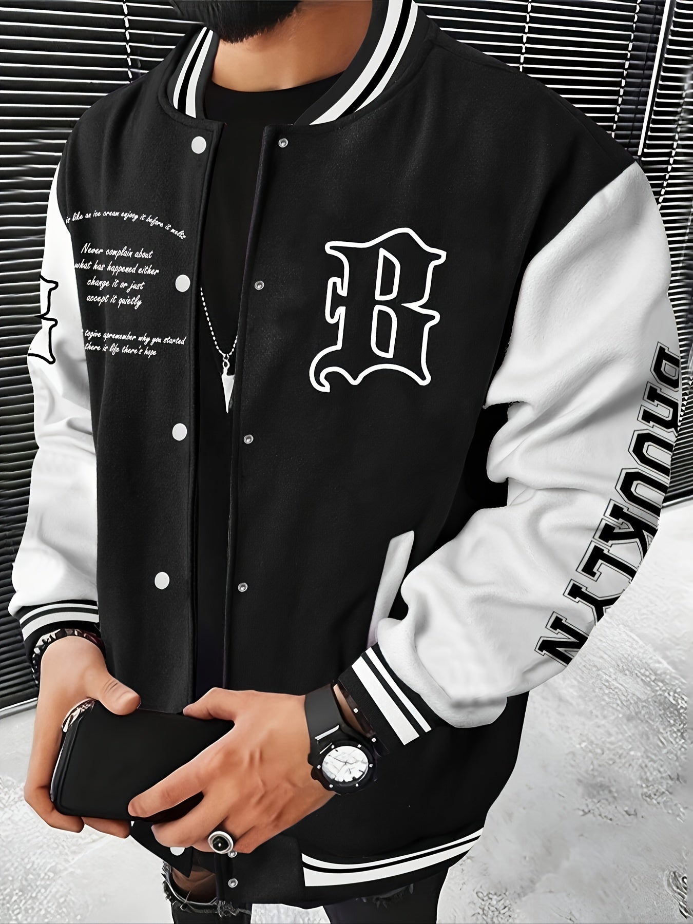 Men's Color Block Varsity Jacket, Casual Baseball Jacket With Letter Embellishment, Comfortable Fit Outerwear