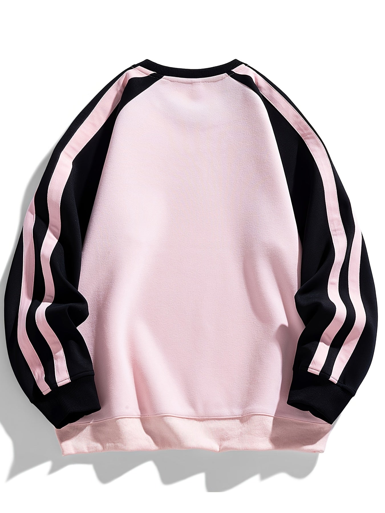 Men's Stylish Pink and Black Striped Crew-Neck Sweatshirt - Breathable, Casual Long-Sleeve Hoodie for City Walking, Street Lounging & Outdoor Activities, Polyester, Non-Stretch Fabric