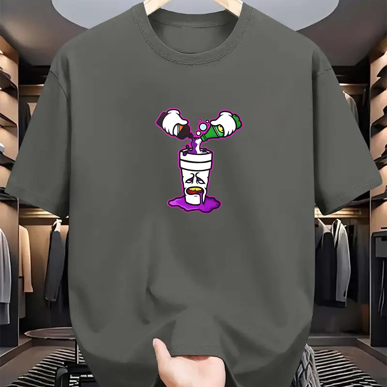 Men's Casual Summer Tee - Purple Drink Print, Short Sleeve, Crew Neck, Stretch Fabric, Machine Washable, Regular Fit T-Shirt for Casual Attire